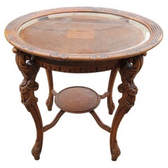 Antique French Renaissance Style Carved Walnut Side Table with Glass Tray Top