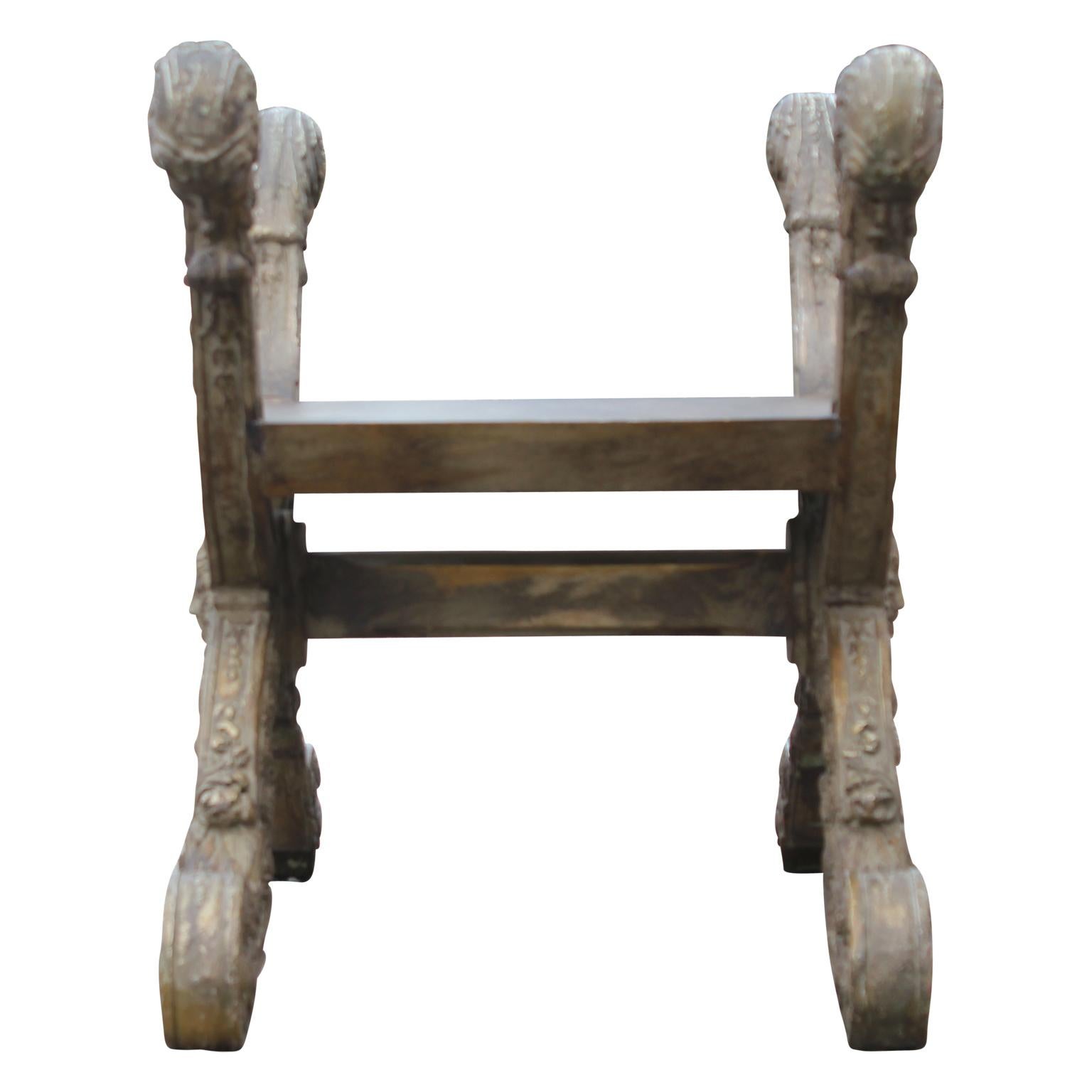 20th Century French Renaissance Style Curule Resin and Wood Stool or Bench