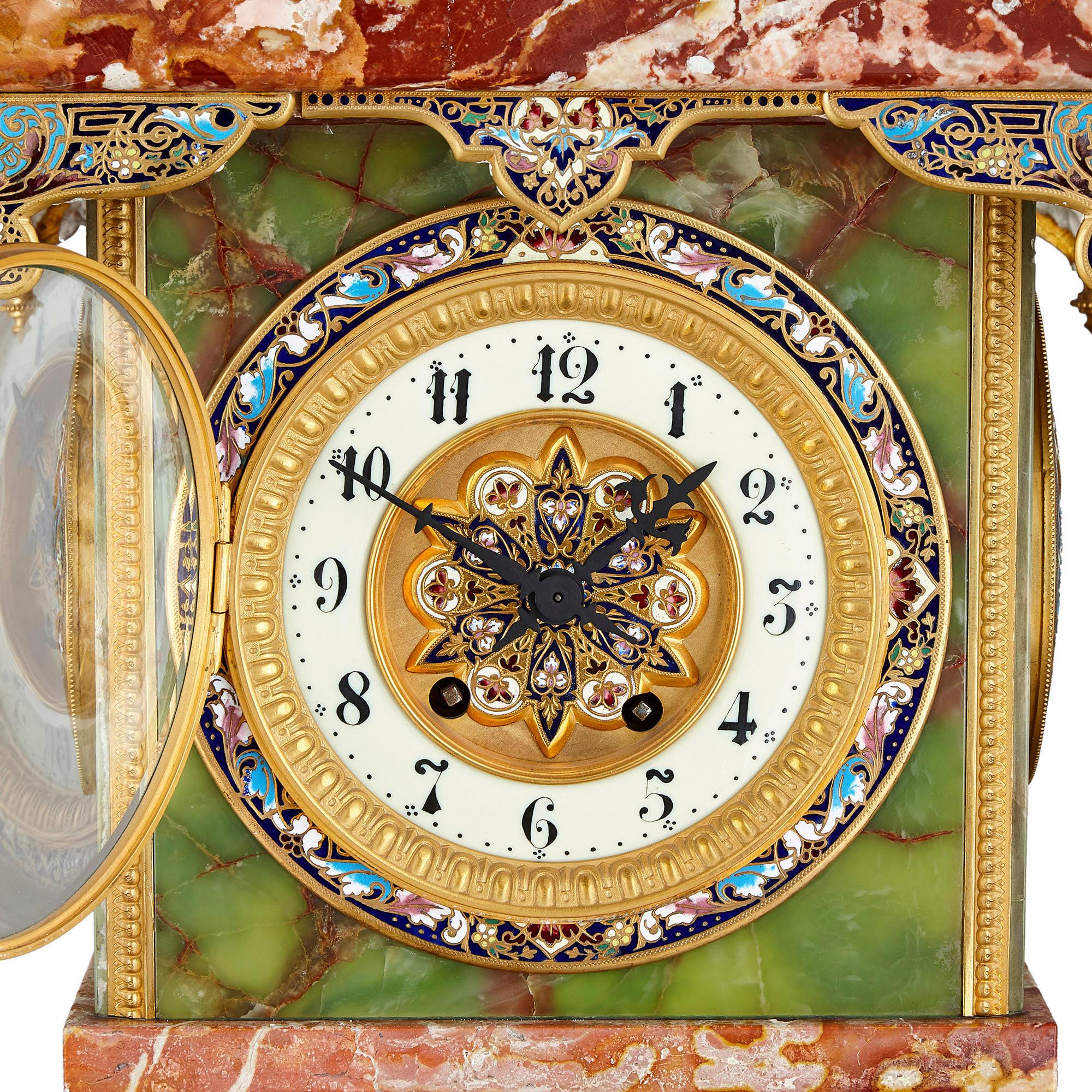 French Renaissance style gilt bronze and enamel mounted onyx longcase clock
French, late 19th century
Measures: Height 126cm, width 37cm, depth 30cm

This colourful longcase clock was created in France in the late 19th Century. It has been