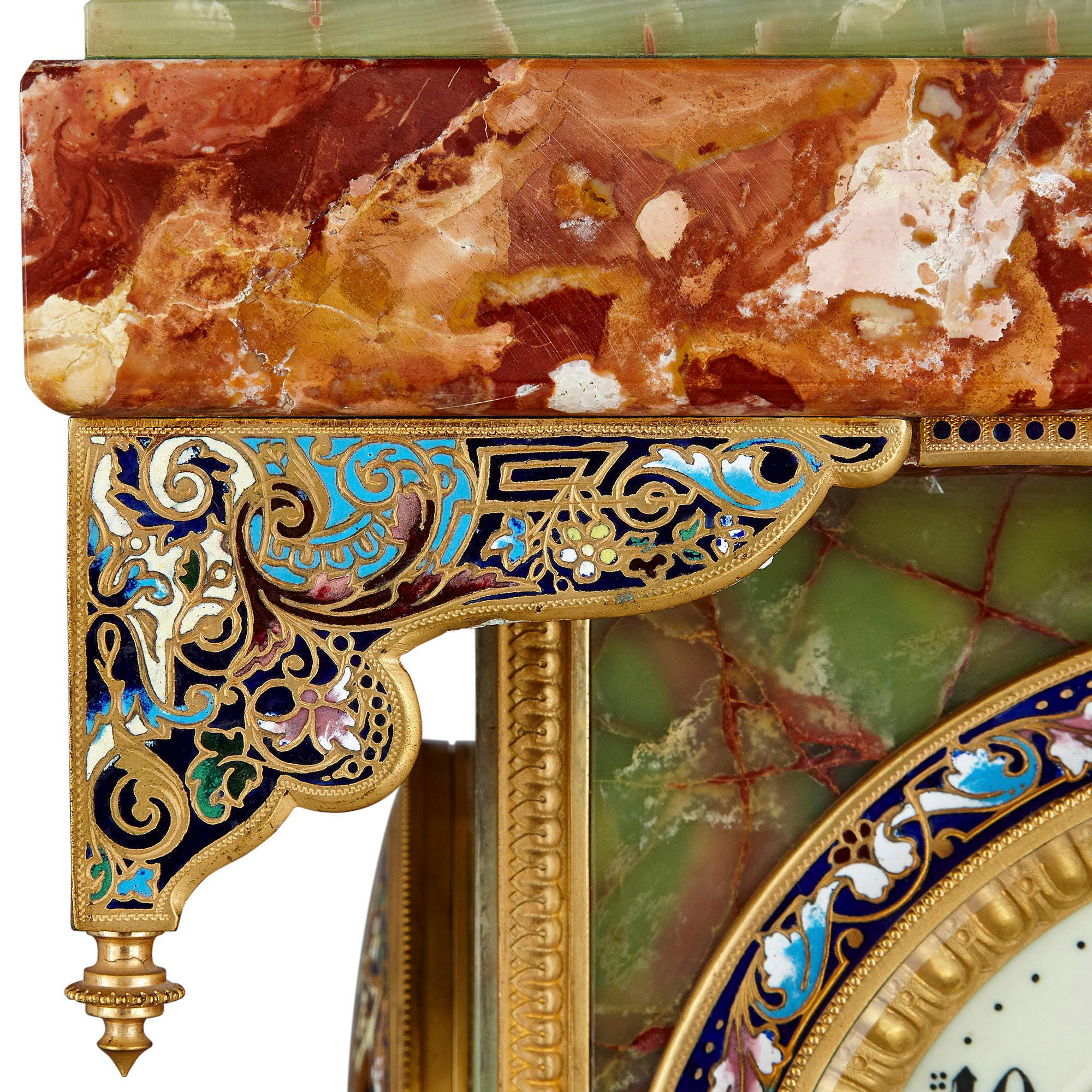 19th Century French Renaissance Style Gilt Bronze and Enamel Mounted Onyx Longcase Clock For Sale