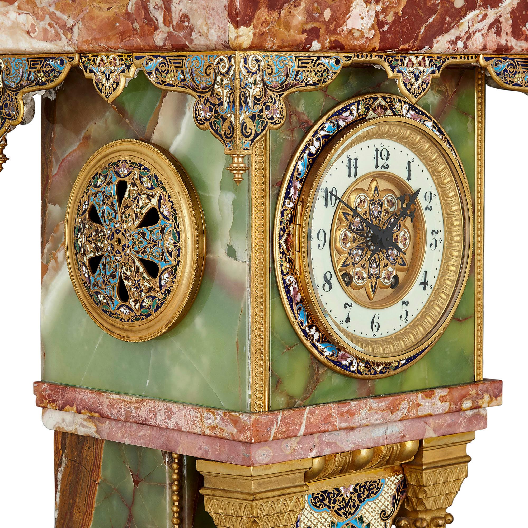 French Renaissance Style Gilt Bronze and Enamel Mounted Onyx Longcase Clock For Sale 1