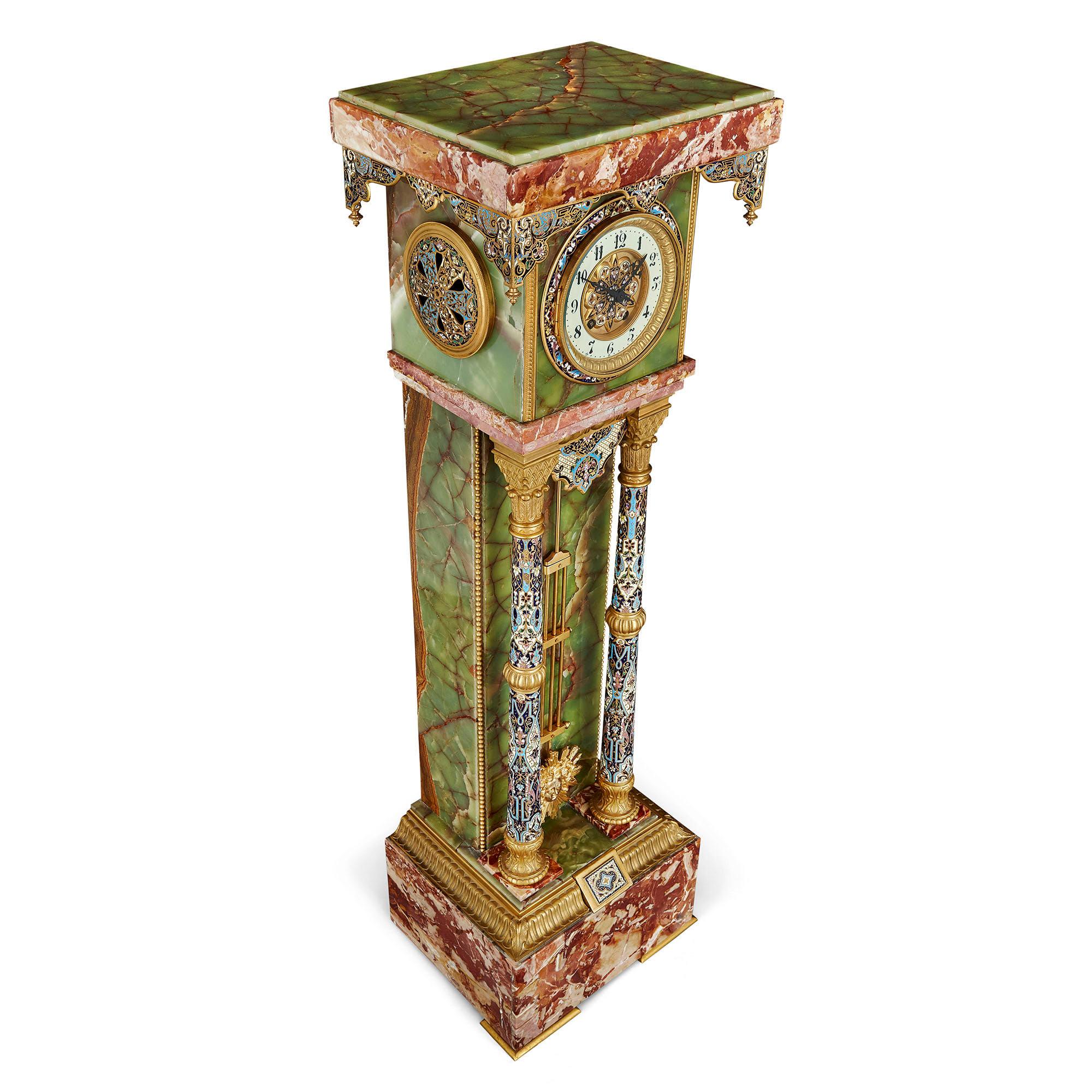 French Renaissance Style Gilt Bronze and Enamel Mounted Onyx Longcase Clock For Sale 1