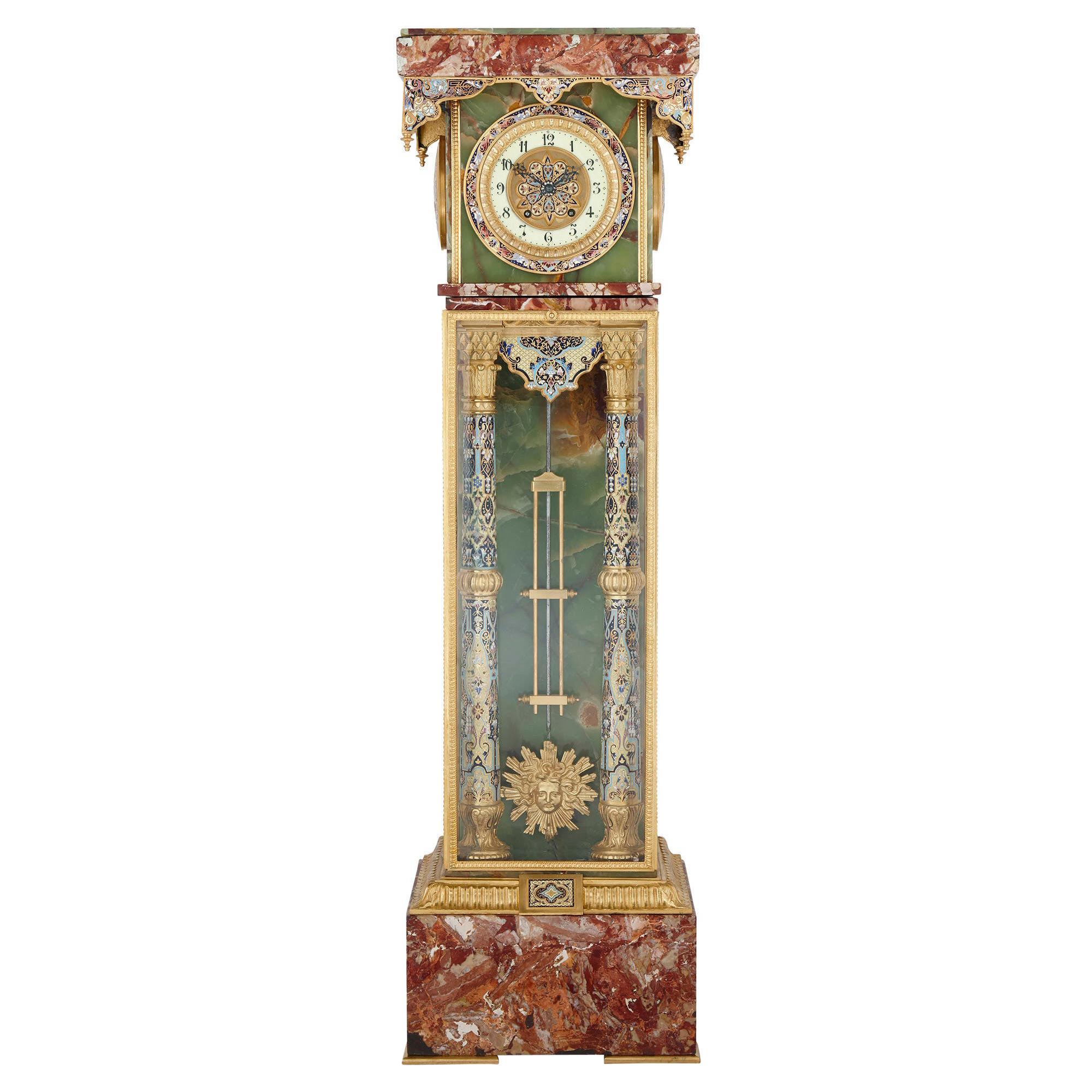 French Renaissance Style Gilt Bronze and Enamel Mounted Onyx Standing Clock
