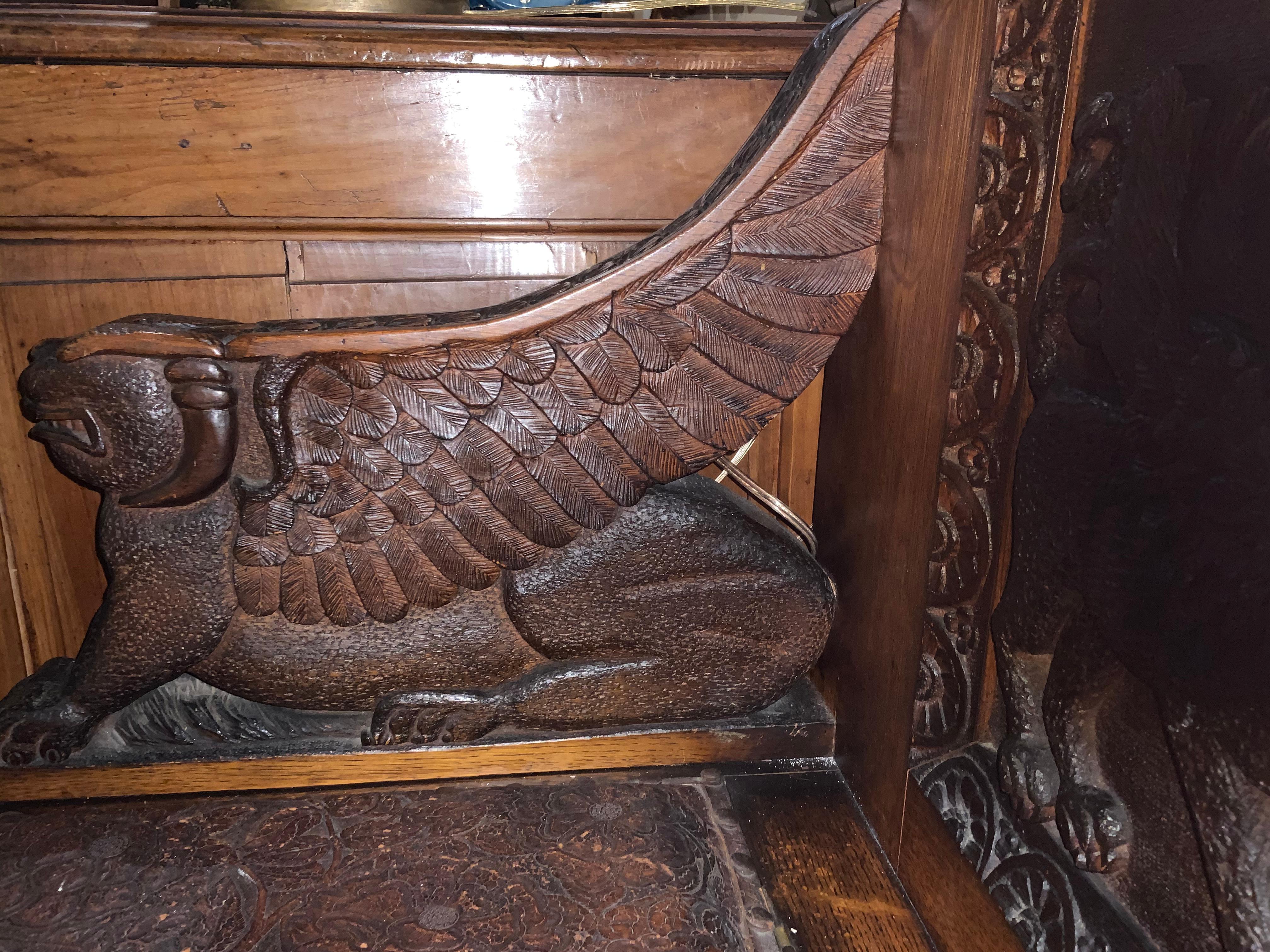 Hand-Carved French Renaissance Style Heavily Carved Bench with Griffins and Angels