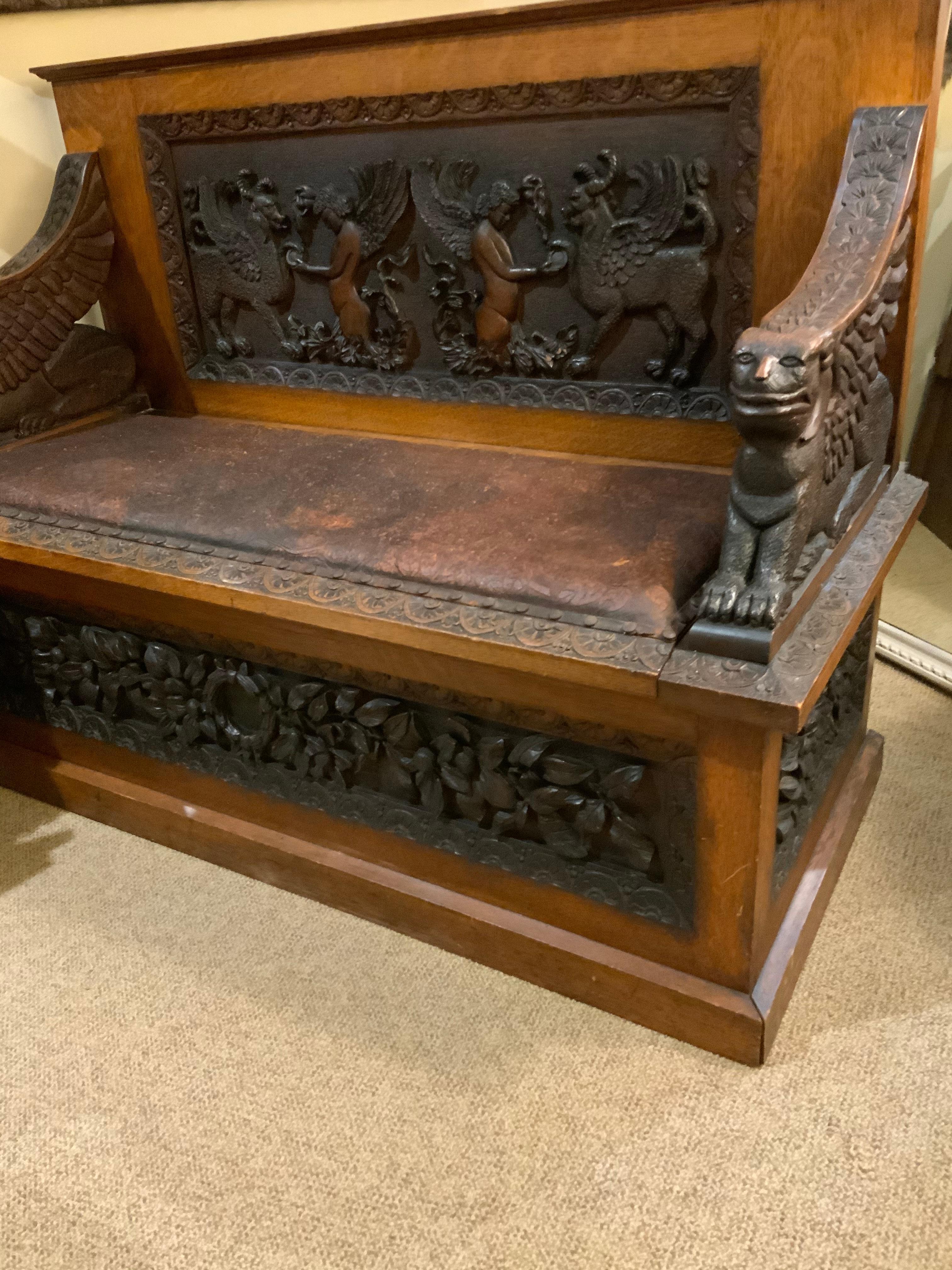 19th Century French Renaissance Style Heavily Carved Bench with Griffins and Angels