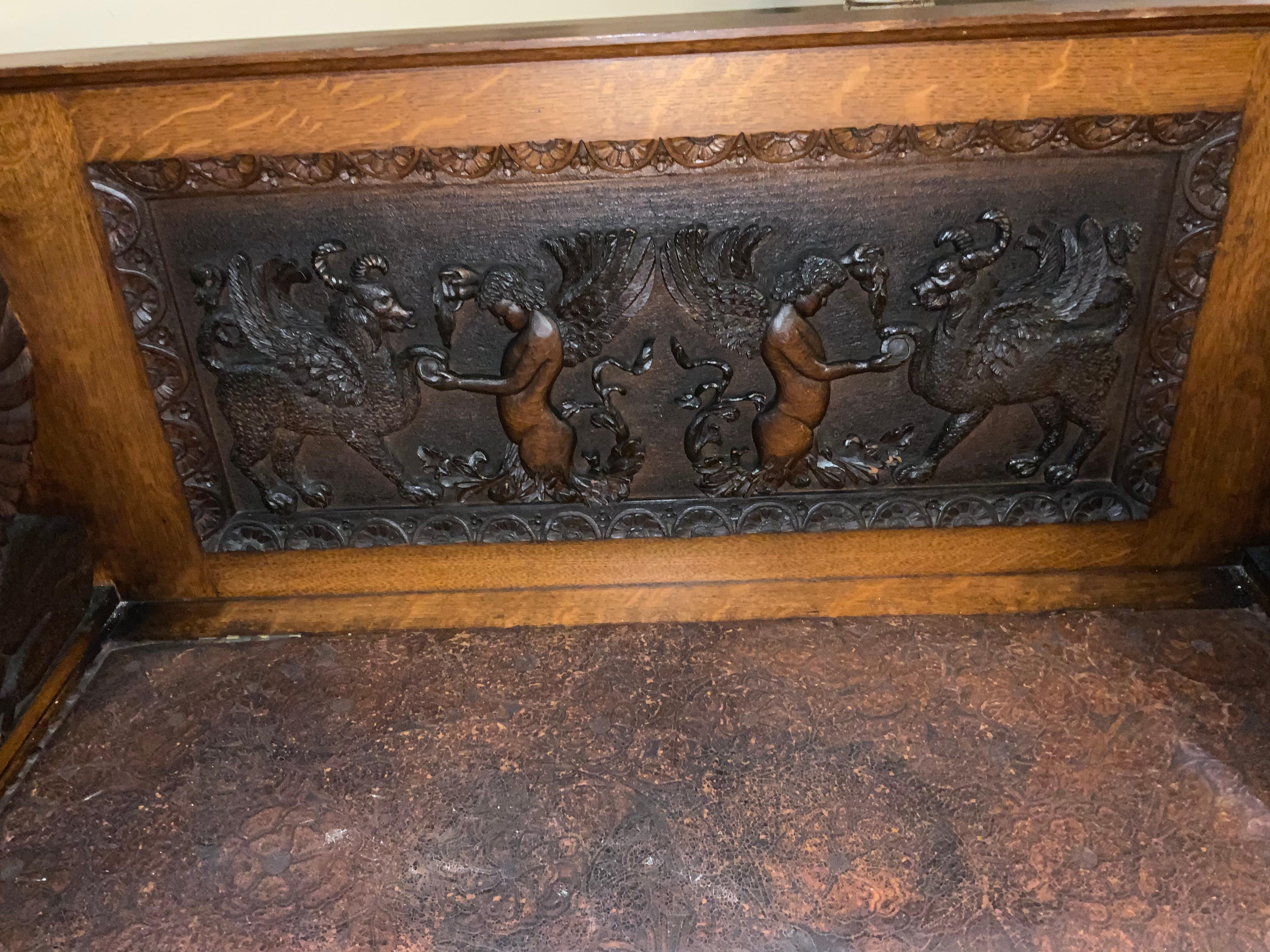 French Renaissance Style Heavily Carved Bench with Griffins and Angels 2