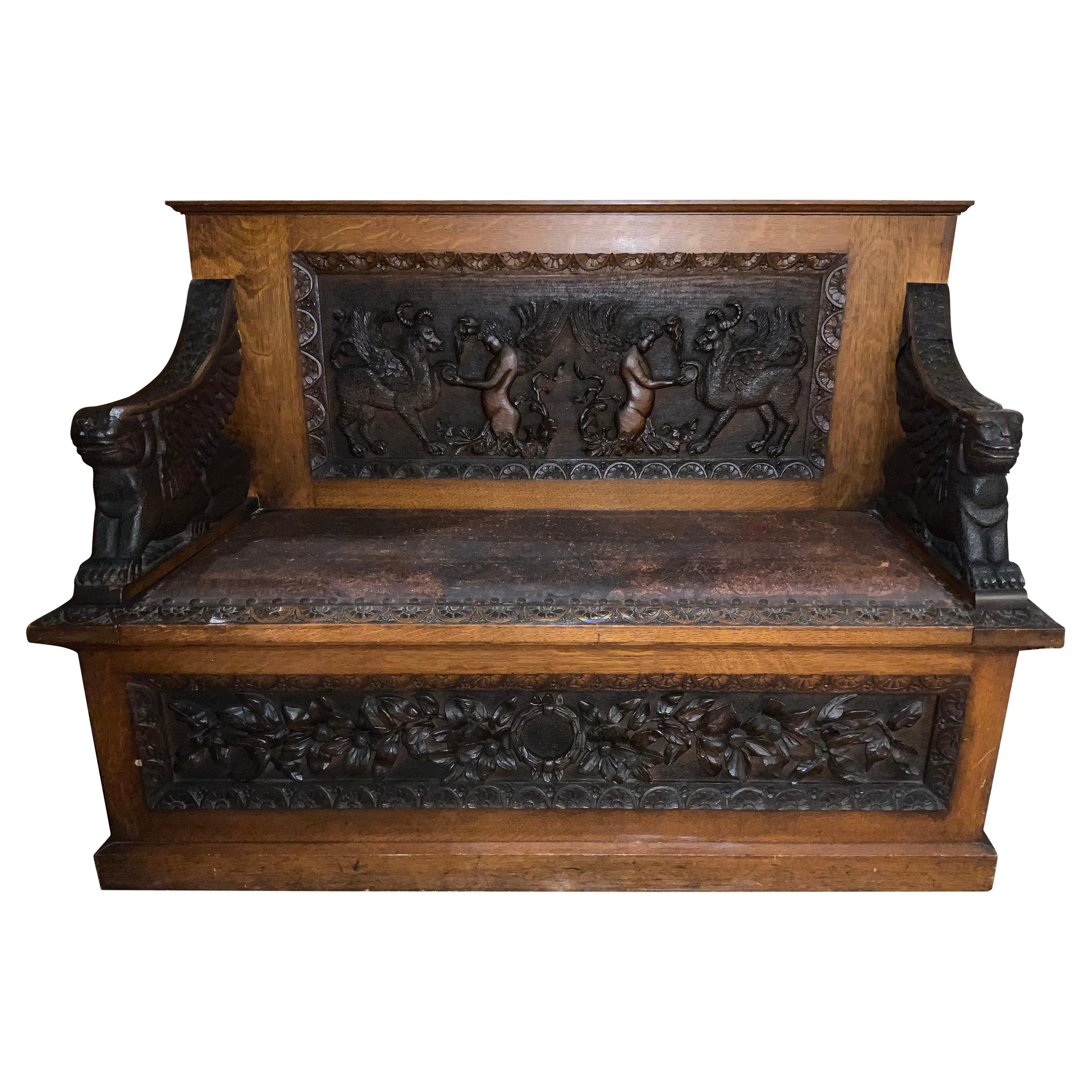 French Renaissance Style Heavily Carved Bench with Griffins and Angels