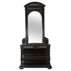 French Renaissance Style Mirrored, Ebonized, Metal Inlaid Hall Table