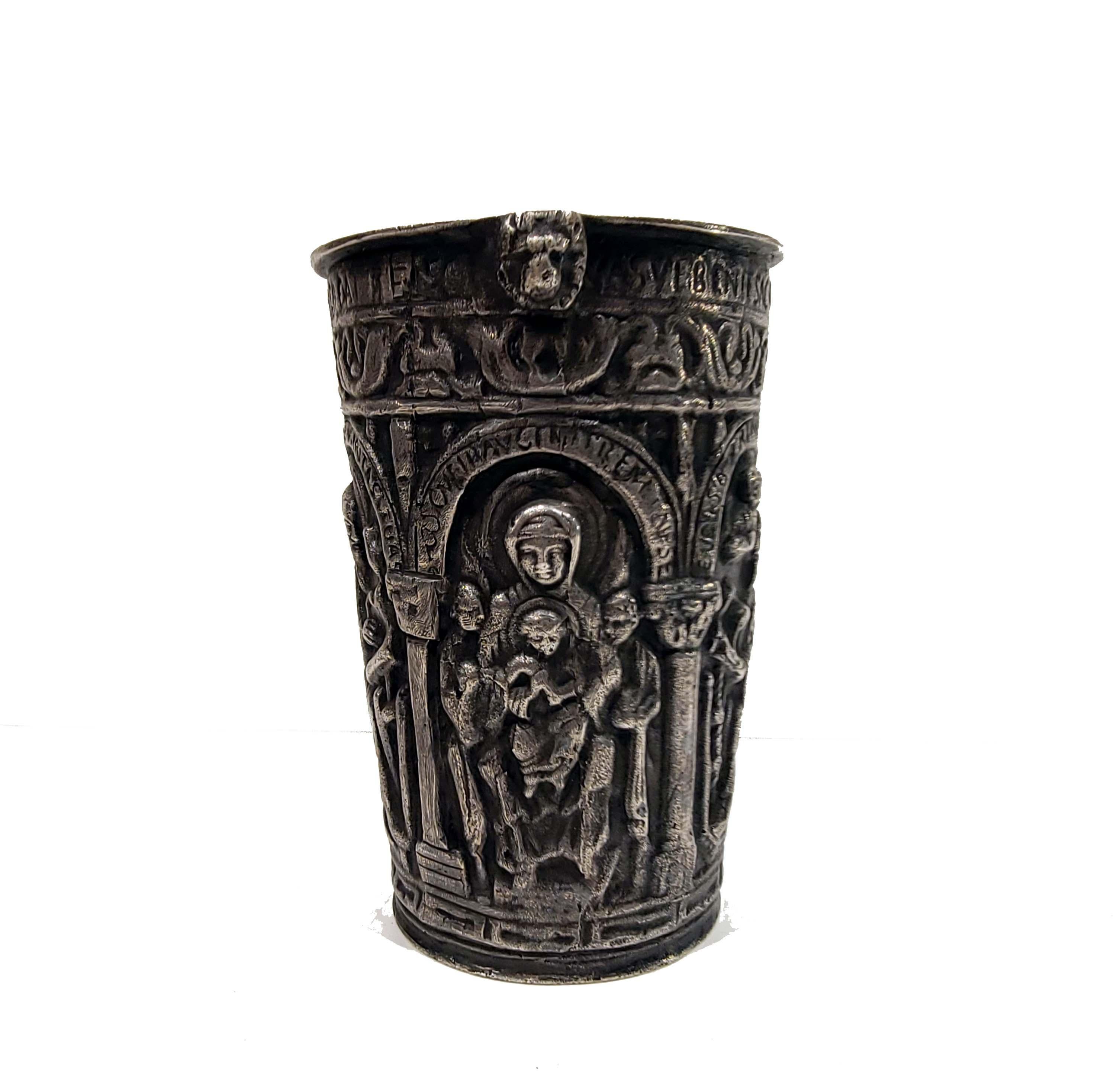 Circa 19th century or earlier, this situla tests silver in some parts and tests low grade silver in other places and tests bronze yet in other parts.
It could be 17th century but we cannot guarantee that. Depicting religious figures on each 4