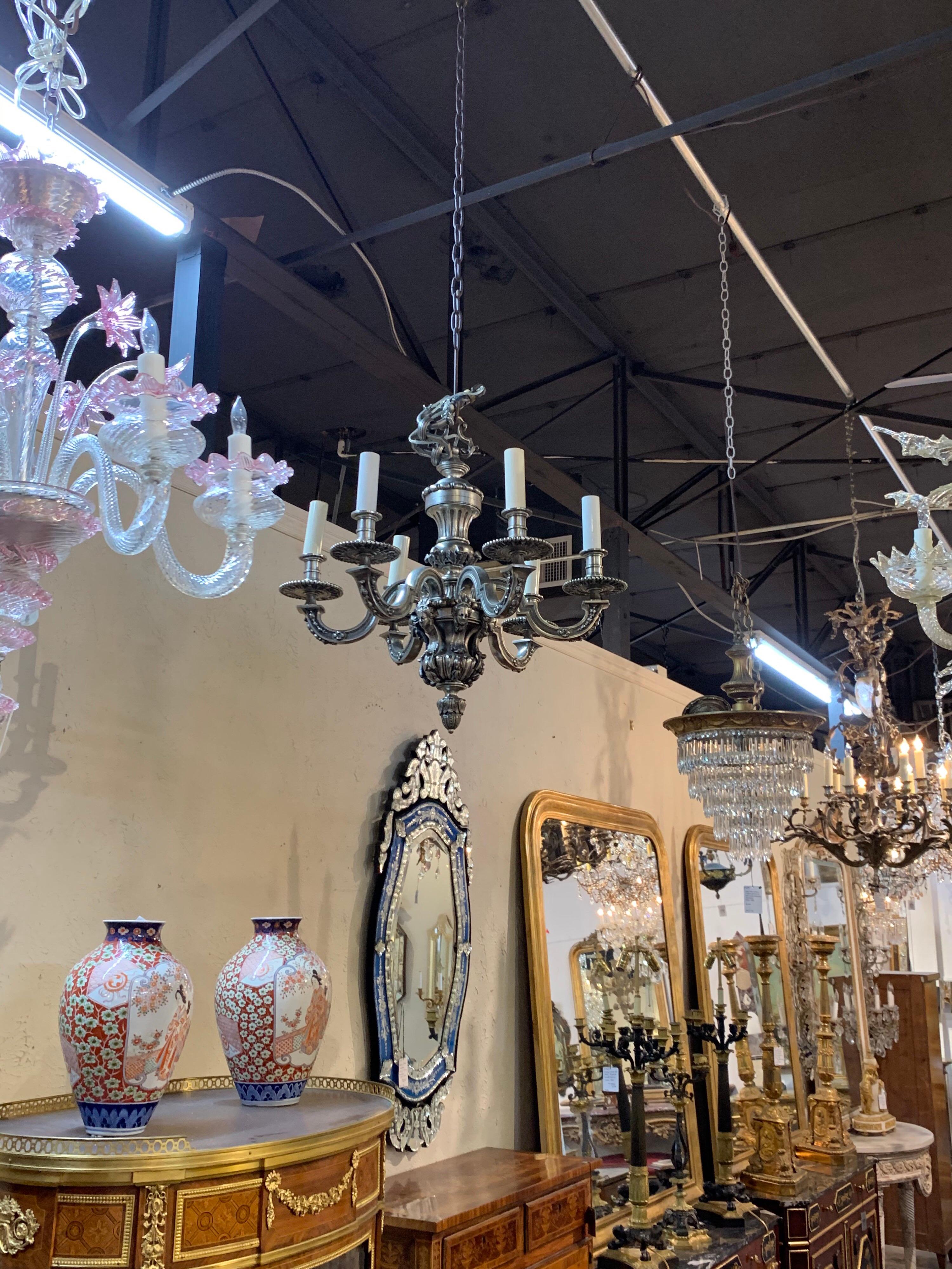 French Renaissance Style Silvered Bronze 6-Light Chandelier In Good Condition For Sale In Dallas, TX