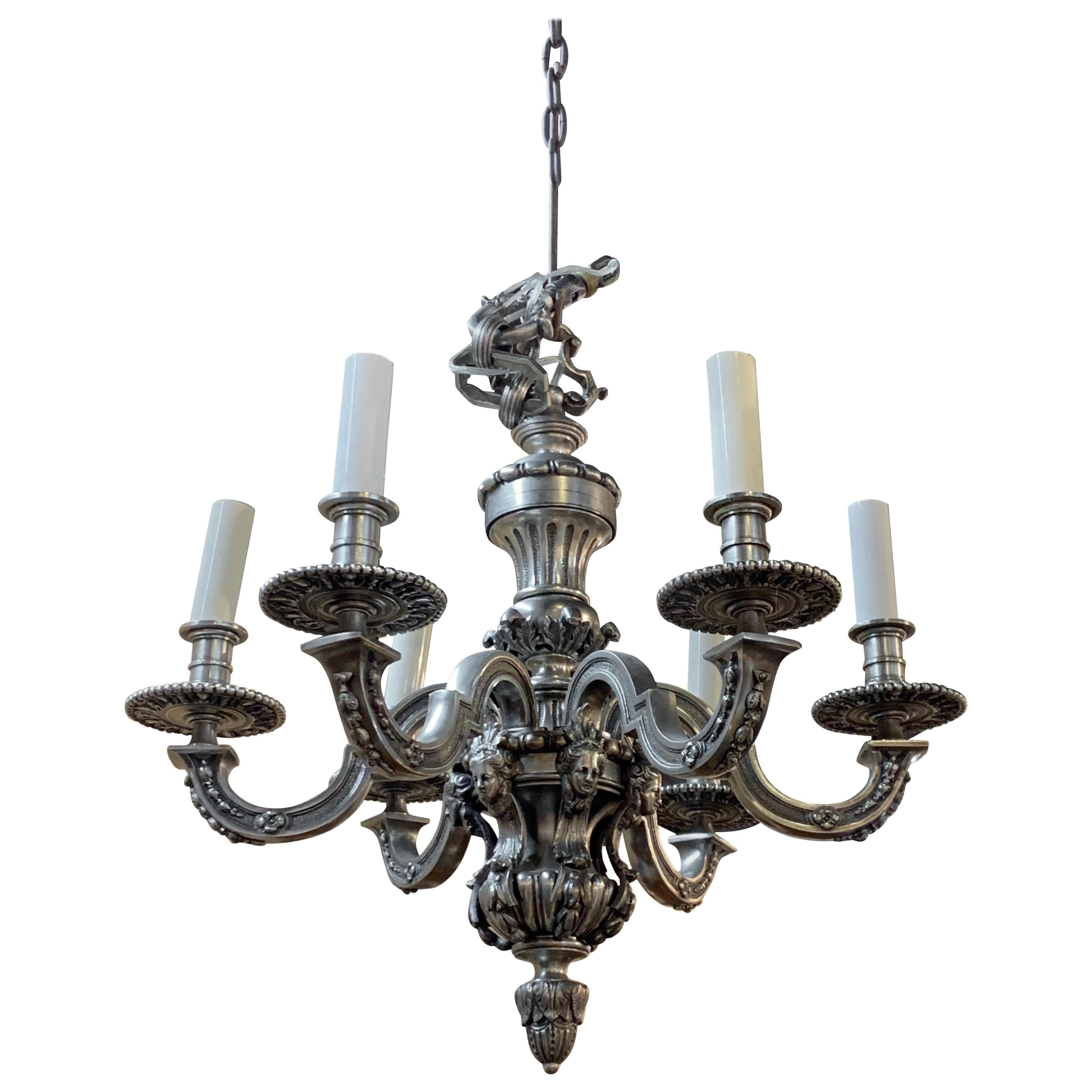 French Renaissance Style Silvered Bronze 6-Light Chandelier For Sale