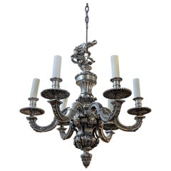 Antique French Renaissance Style Silvered Bronze 6-Light Chandelier