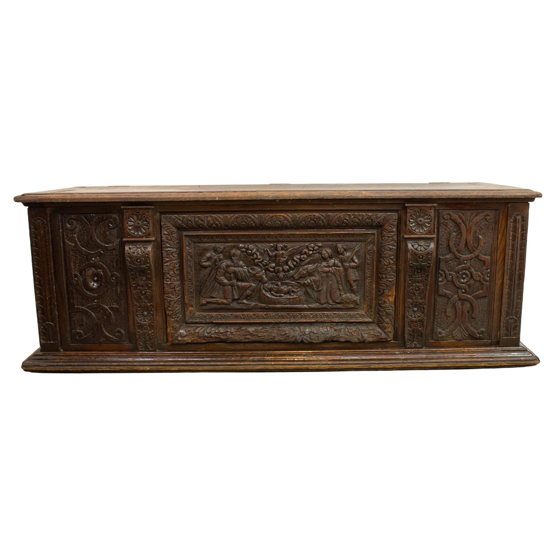 French Renaissance Trunck Chest Bench in Wood, 17th Century, France