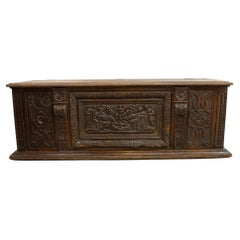 French Renaissance Trunck Chest Bench in Wood, 17th Century, France