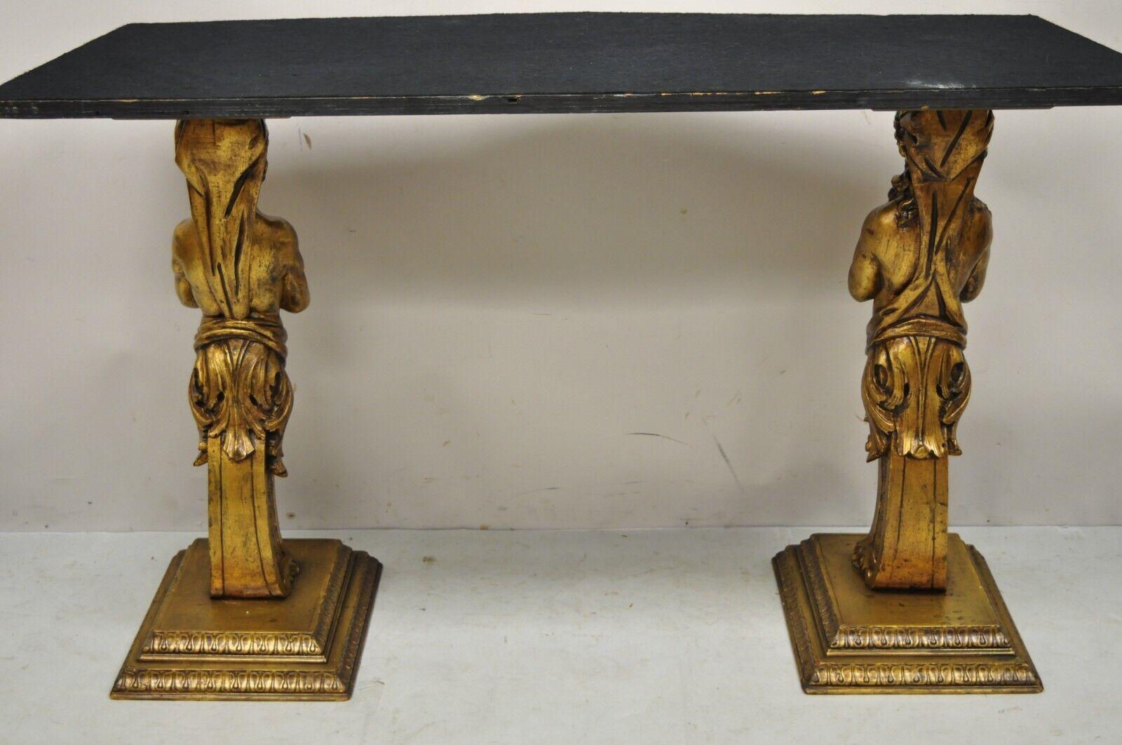 French Renaissance Victorian Style Gold Figural Console Table with Marble Top For Sale 6