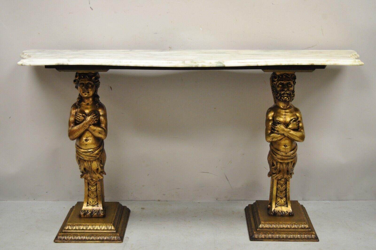 Table console figurative dorée de style Renaissance française de style victorien avec plateau en marbre en vente 7