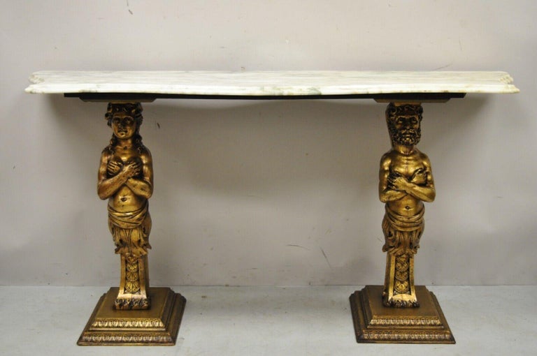 French Renaissance Victorian Style Gold Figural Console Table with Marble Top For Sale 8