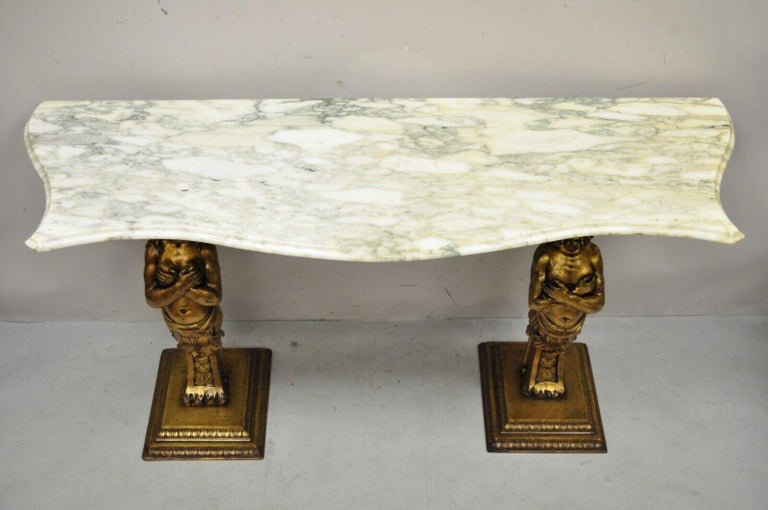 French Renaissance Victorian Style Gold Figural Console Table with Marble Top For Sale 1