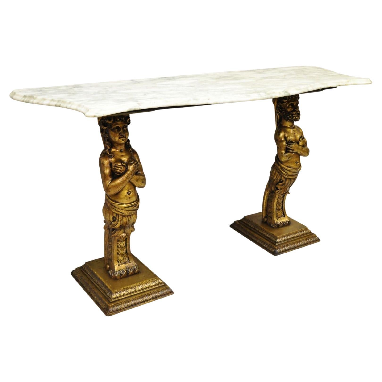 Table console figurative dorée de style Renaissance française de style victorien avec plateau en marbre en vente