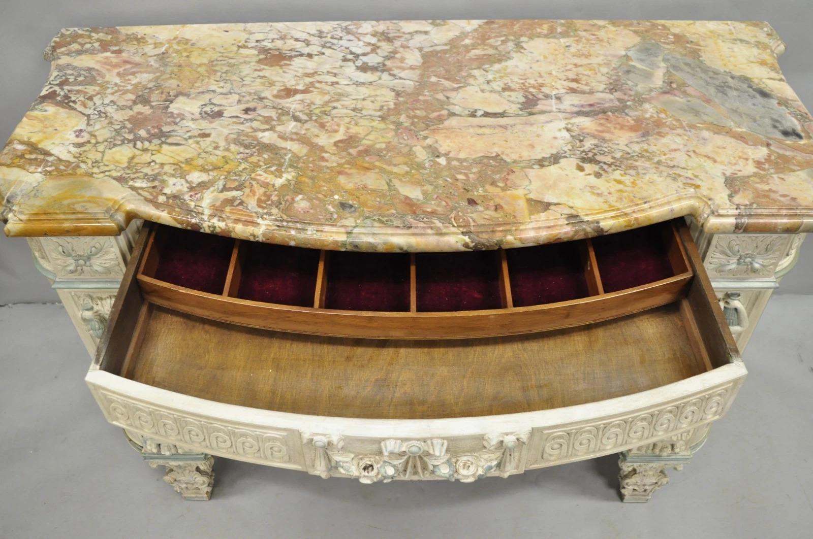 French Renaissance White Blue Painted Figural Carved Marble Top Buffet Commode For Sale 5