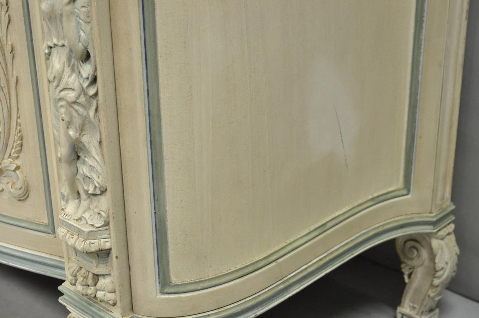 French Renaissance White Blue Painted Figural Carved Marble Top Buffet Commode For Sale 7