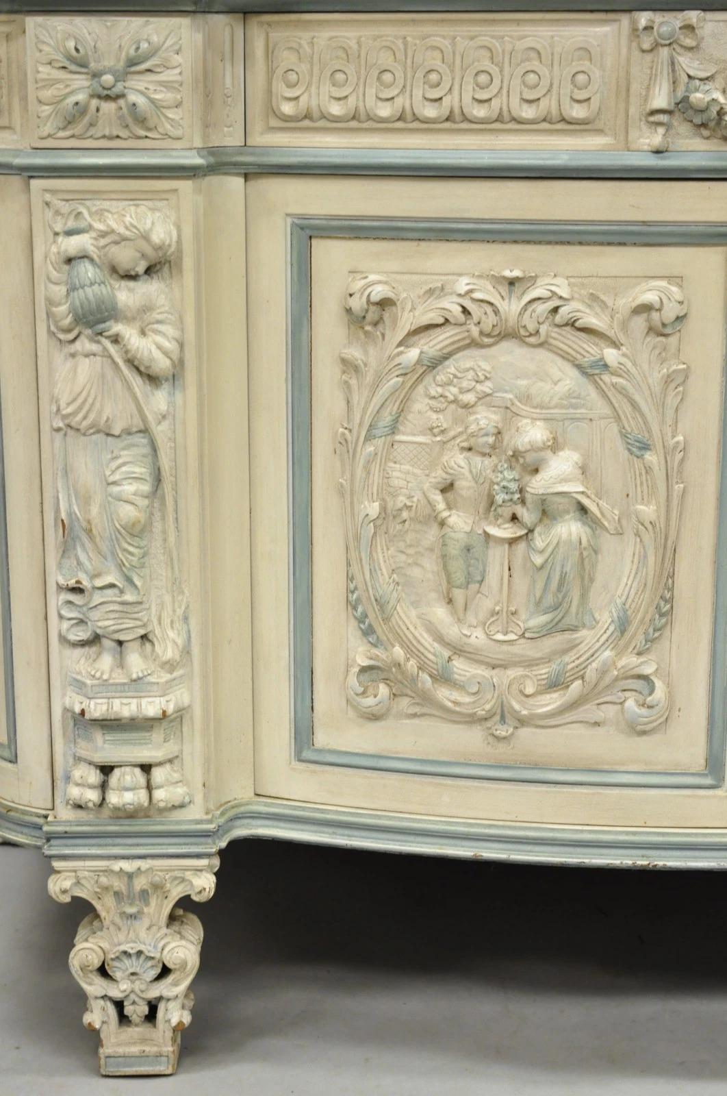 French Renaissance White Blue Painted Figural Carved Marble Top Buffet Commode For Sale 9