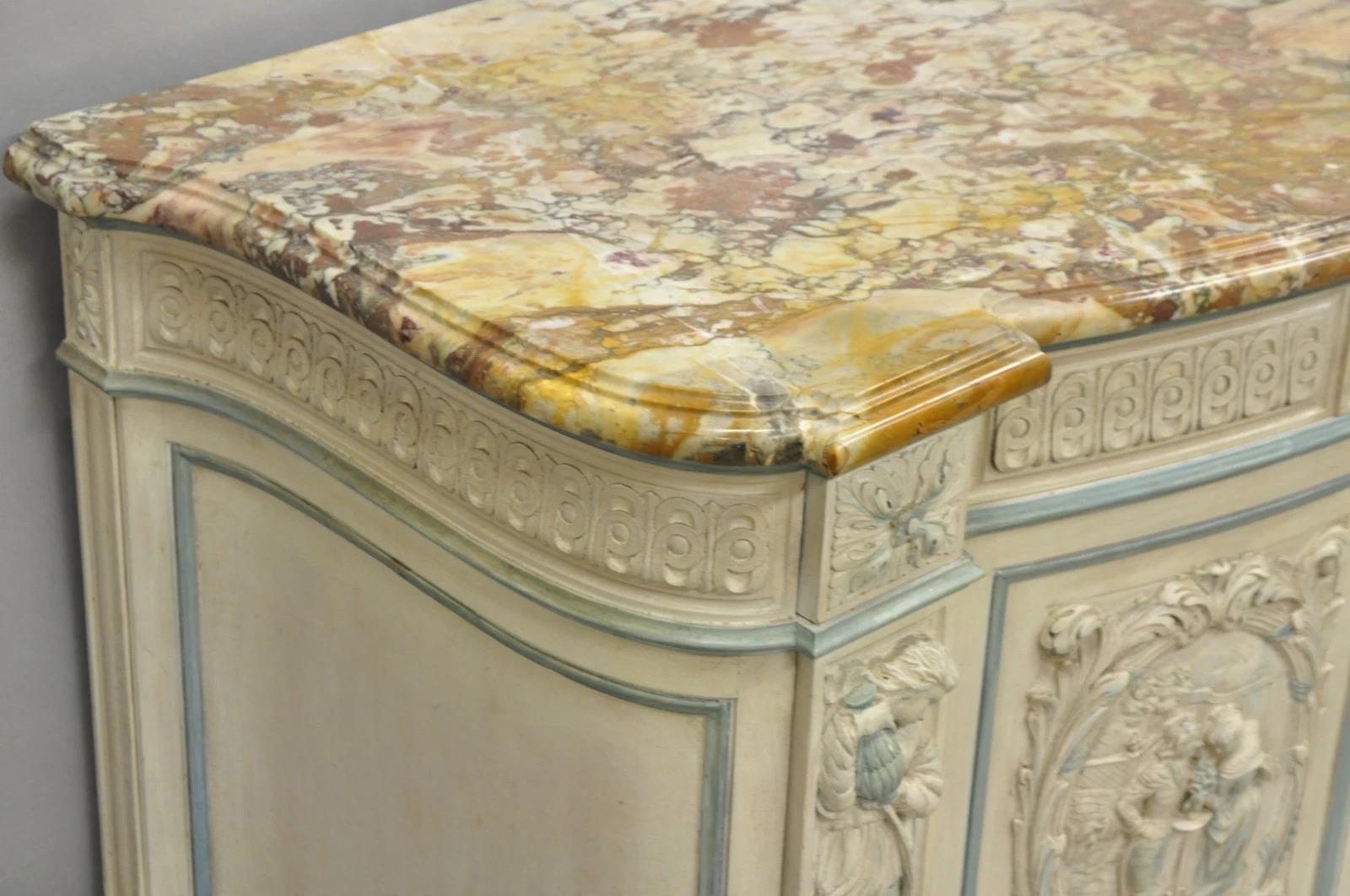 French Renaissance White Blue Painted Figural Carved Marble Top Buffet Commode For Sale 10