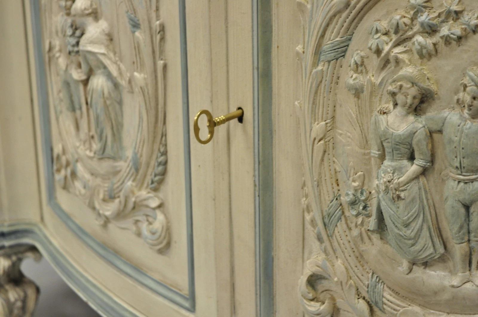 French Renaissance White Blue Painted Figural Carved Marble Top Buffet Commode For Sale 11