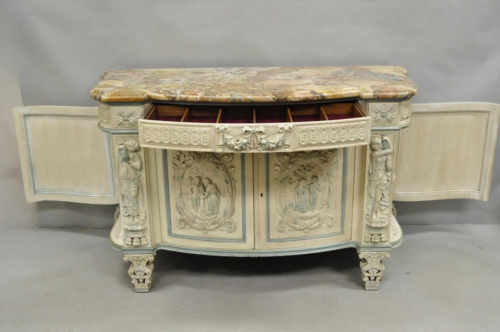 French Renaissance White Blue Painted Figural Carved Marble Top Buffet Commode For Sale 13
