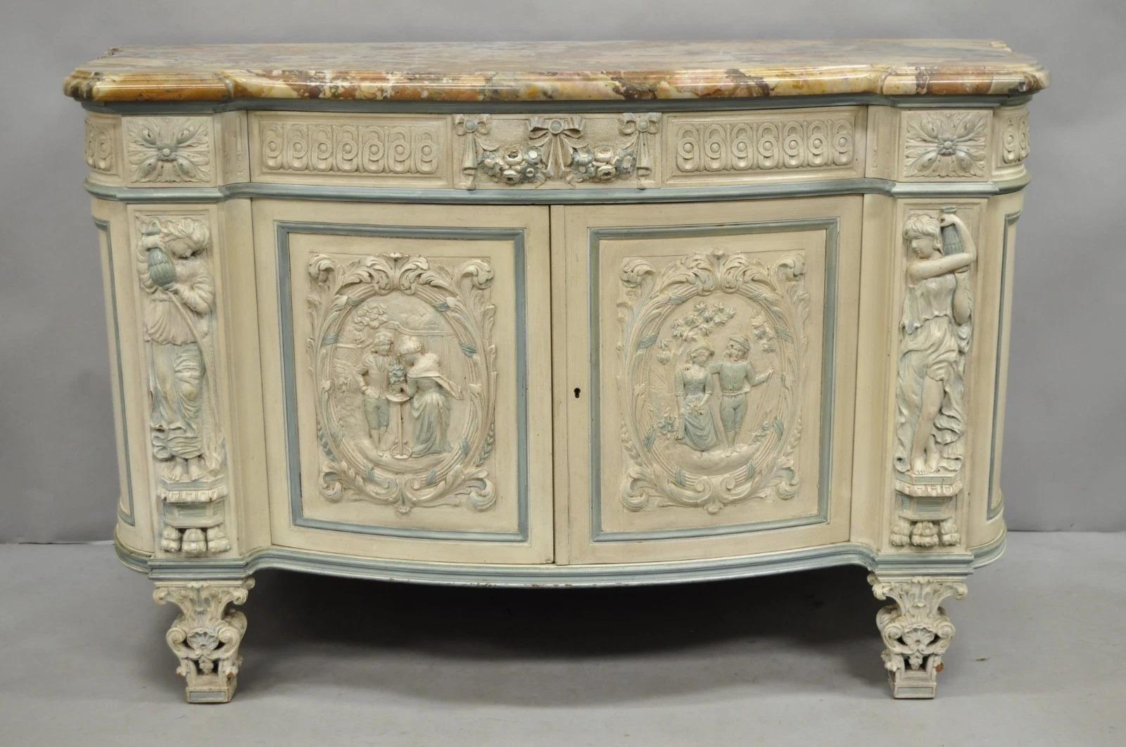French Renaissance White Blue Painted Figural Carved Marble Top Buffet Commode For Sale 14