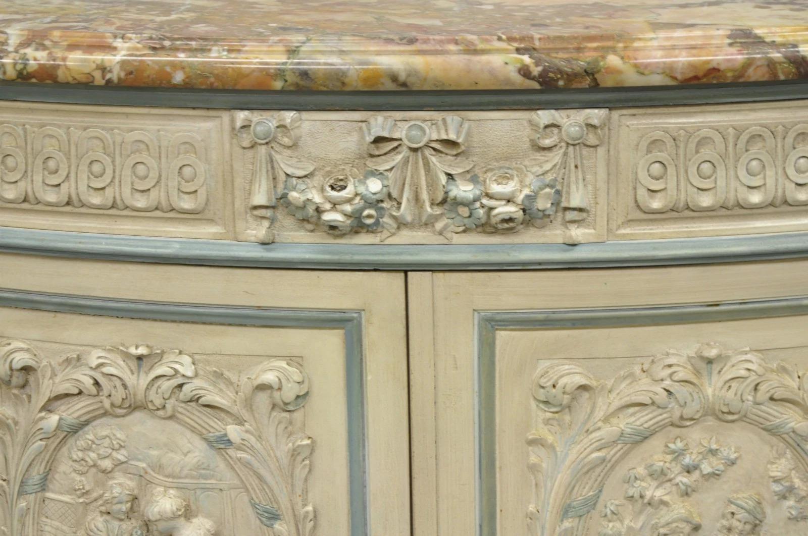 Unknown French Renaissance White Blue Painted Figural Carved Marble Top Buffet Commode For Sale