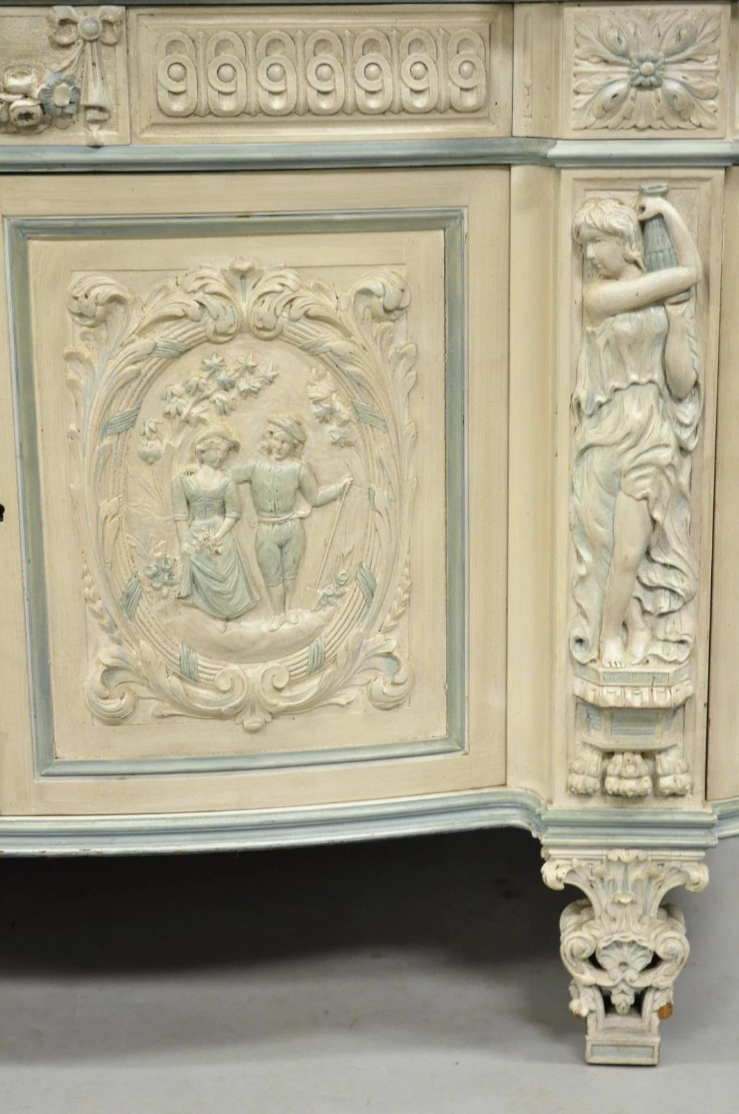 French Renaissance White Blue Painted Figural Carved Marble Top Buffet Commode In Good Condition For Sale In Philadelphia, PA