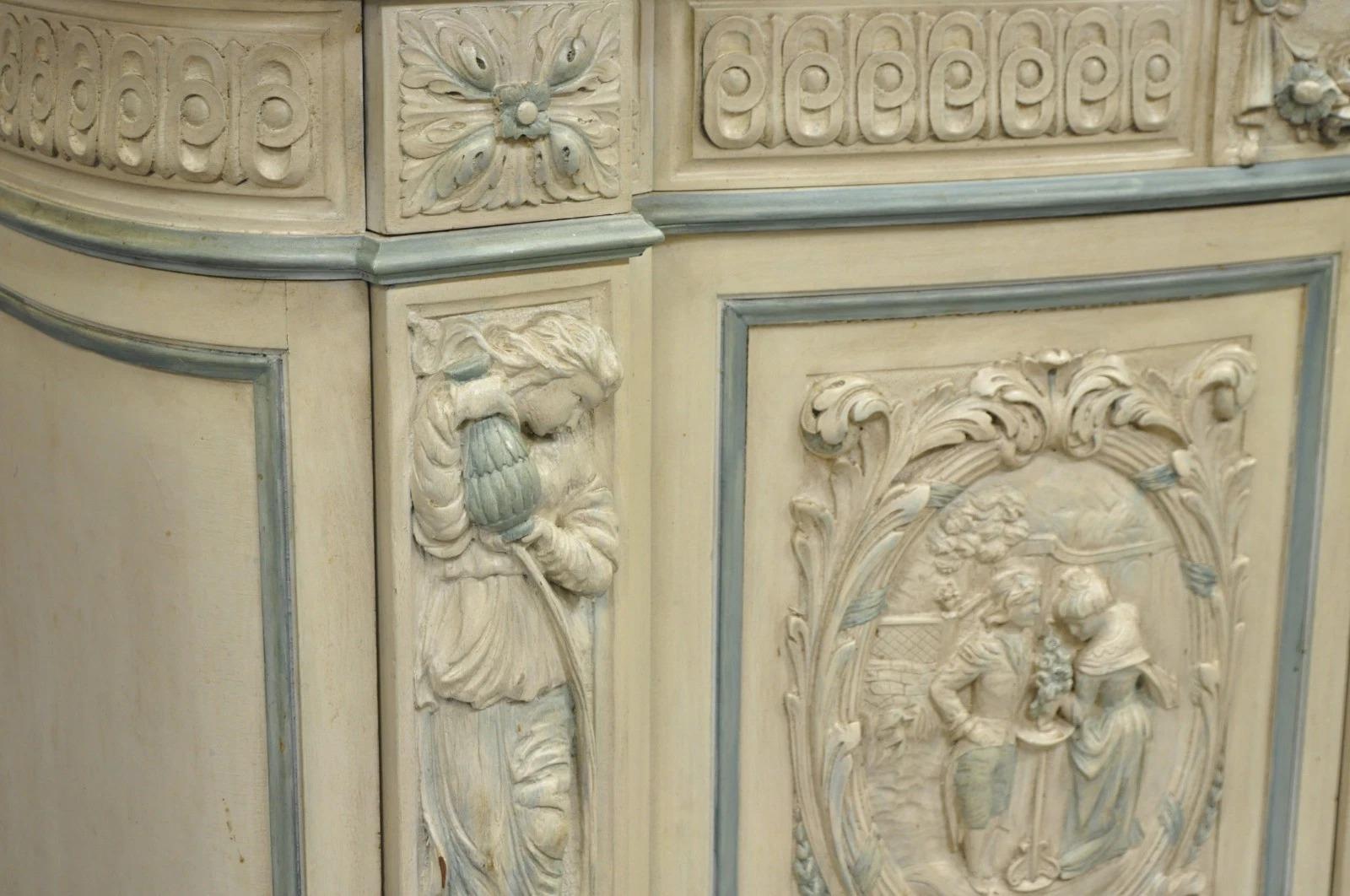 20th Century French Renaissance White Blue Painted Figural Carved Marble Top Buffet Commode For Sale