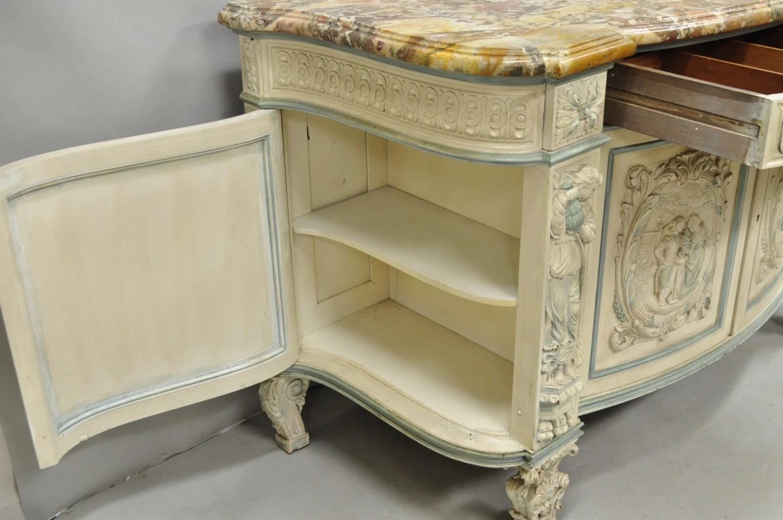French Renaissance White Blue Painted Figural Carved Marble Top Buffet Commode For Sale 2
