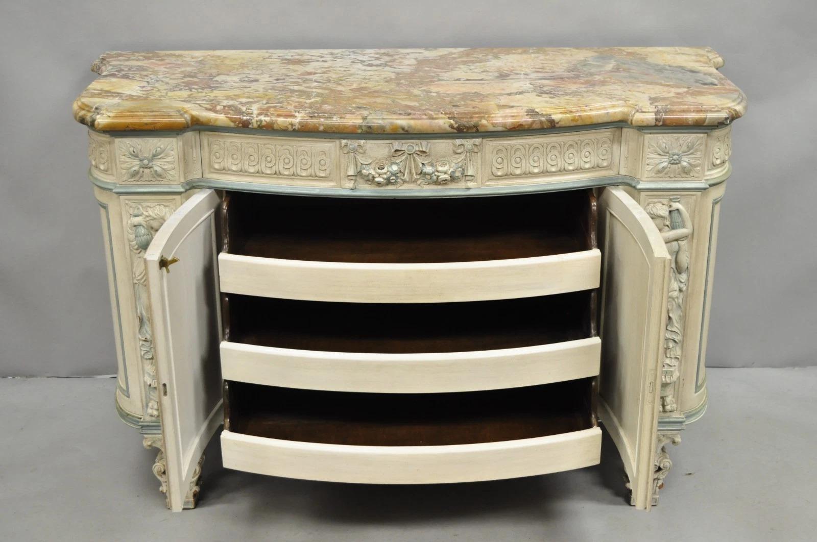 French Renaissance White Blue Painted Figural Carved Marble Top Buffet Commode For Sale 3