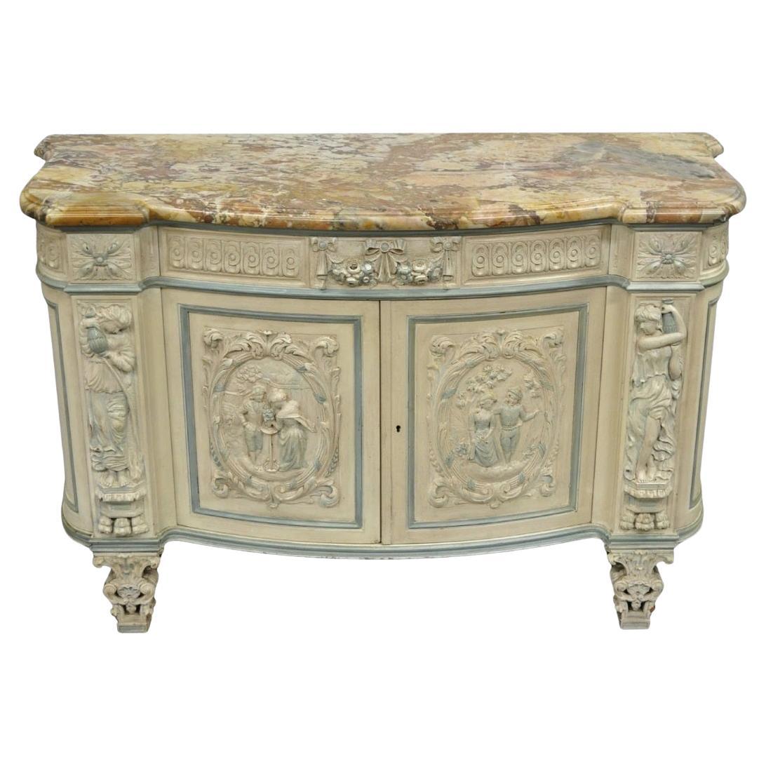 French Renaissance White Blue Painted Figural Carved Marble Top Buffet Commode For Sale