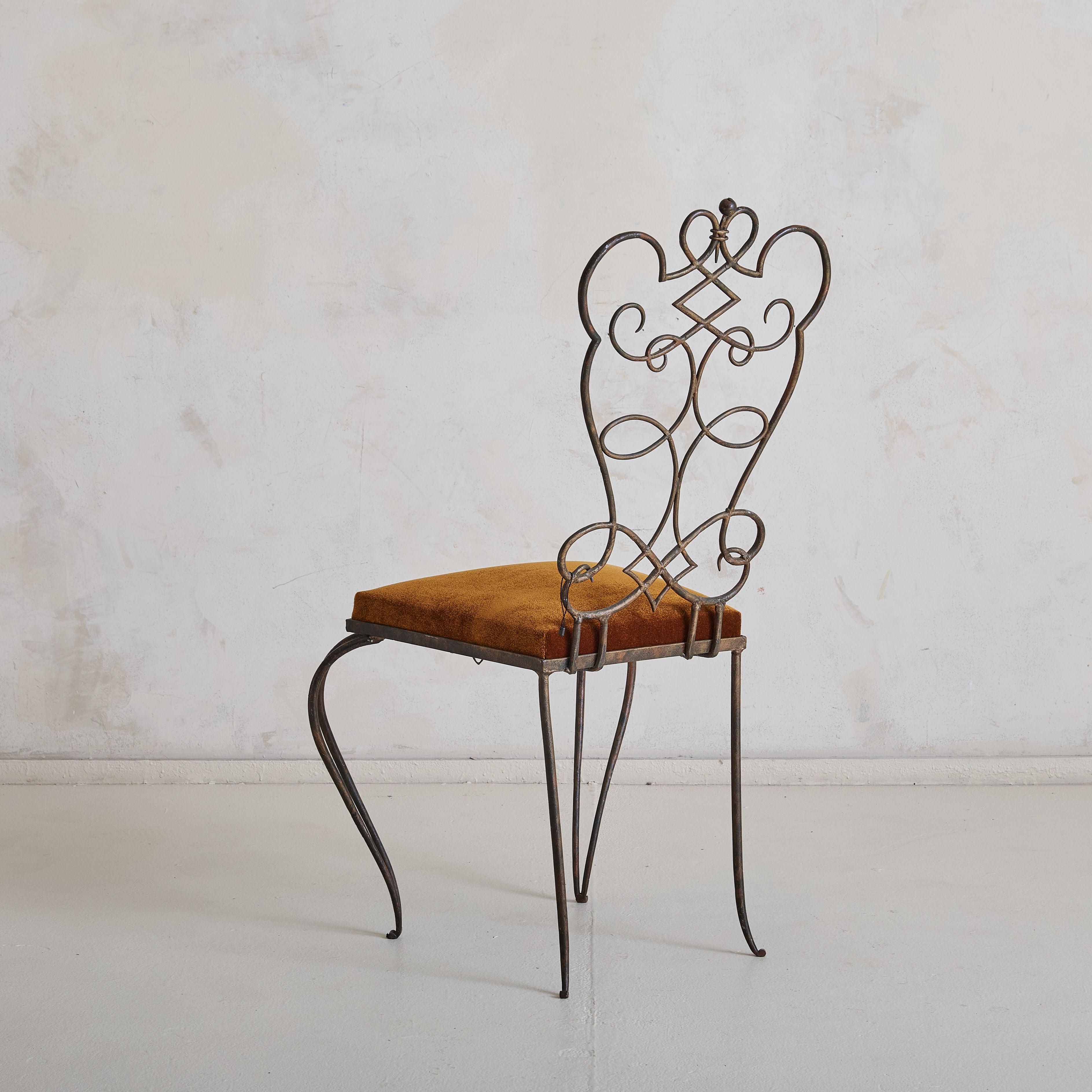 Art Deco French René Gabriel Style Wrought Iron Accent Chair in Burnt Orange Velvet For Sale