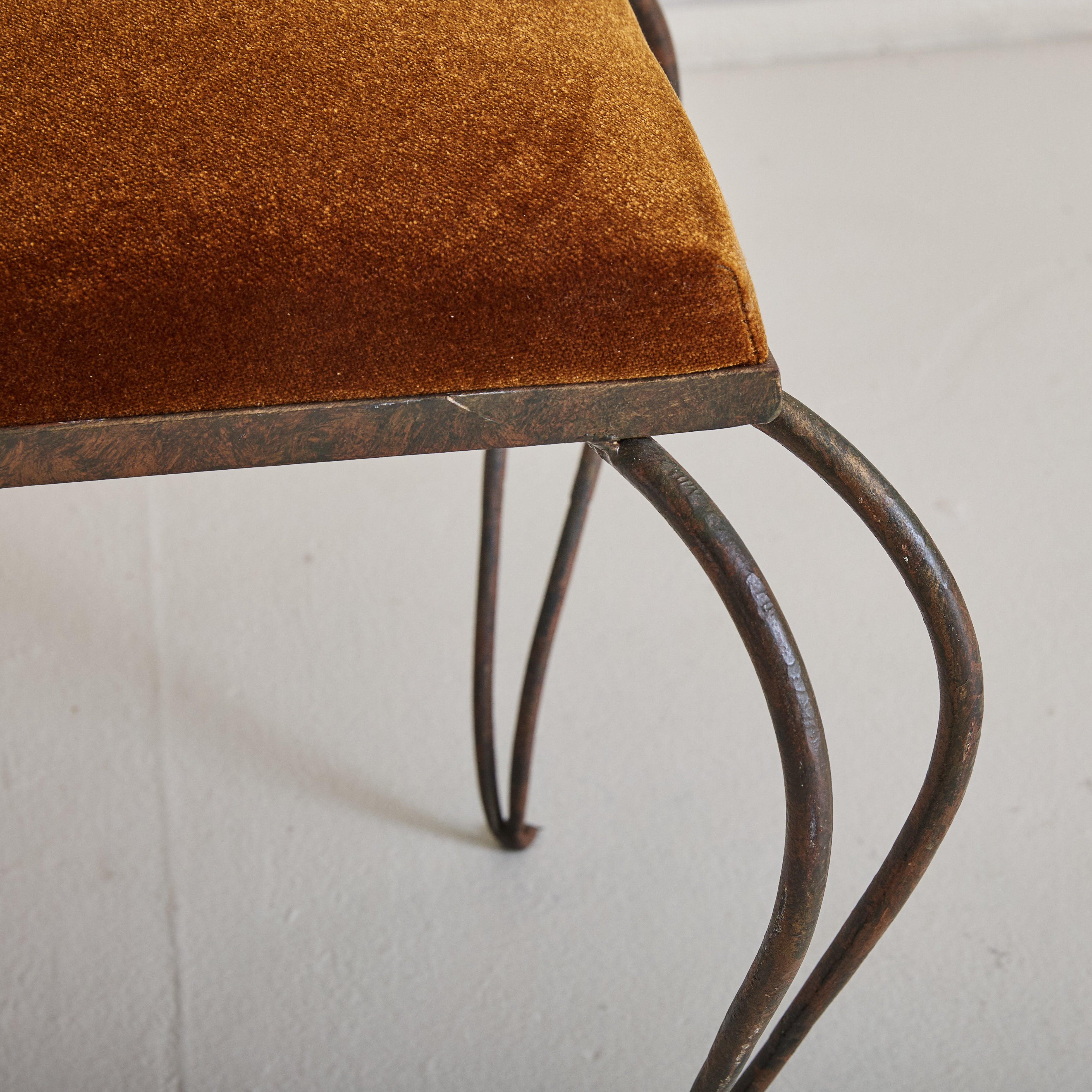 French René Gabriel Style Wrought Iron Accent Chair in Burnt Orange Velvet For Sale 3