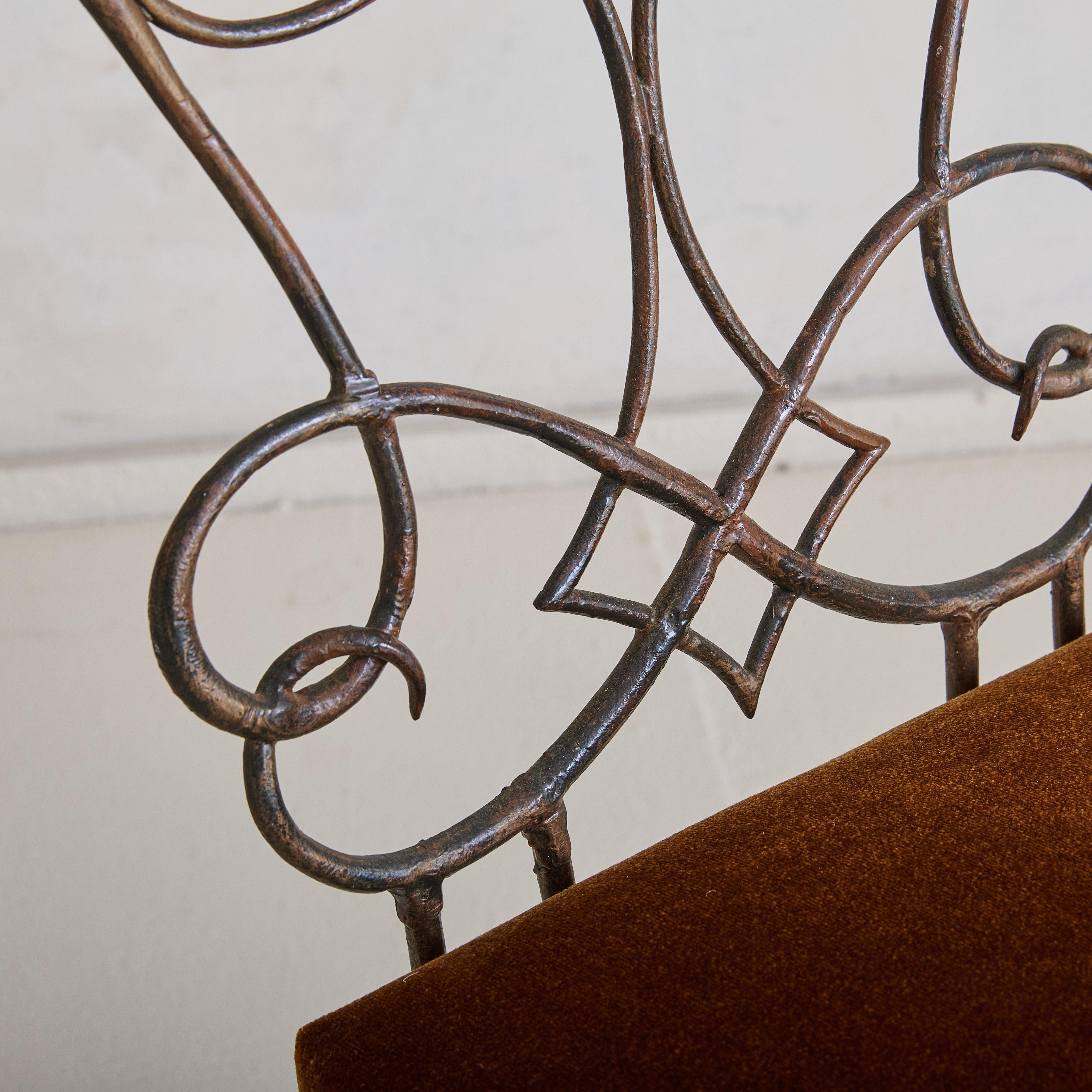 French René Gabriel Style Wrought Iron Accent Chair in Burnt Orange Velvet For Sale 4