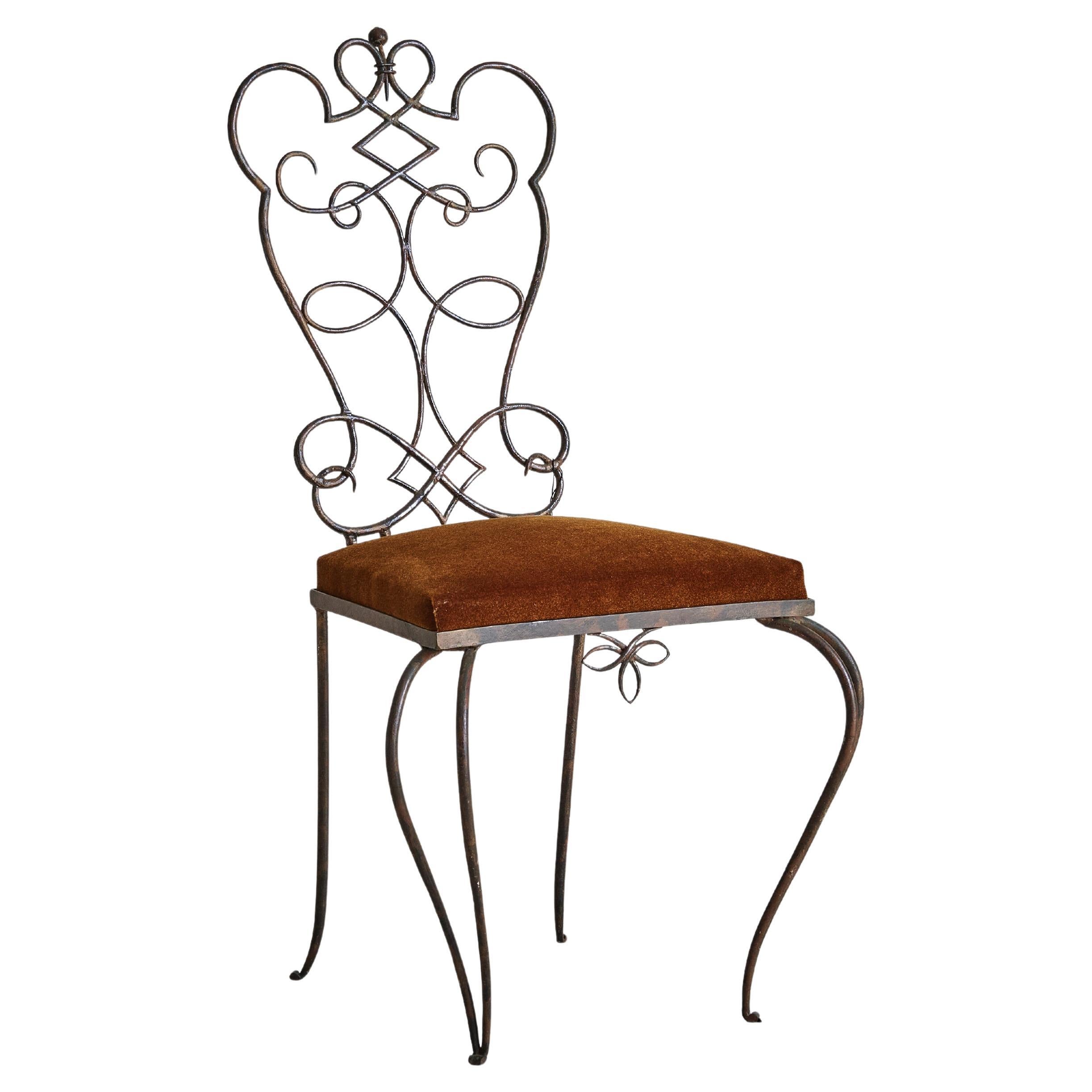 French René Gabriel Style Wrought Iron Accent Chair in Burnt Orange Velvet For Sale