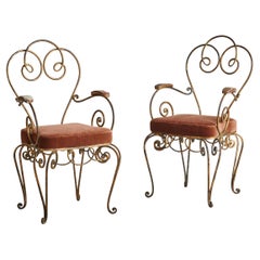 French René Gabriel Style Wrought Iron Accent Chair in Rust Velvet, 1940s