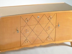 French René Prou Sycamore Mirrored Brass Sideboard Commode, 1950s