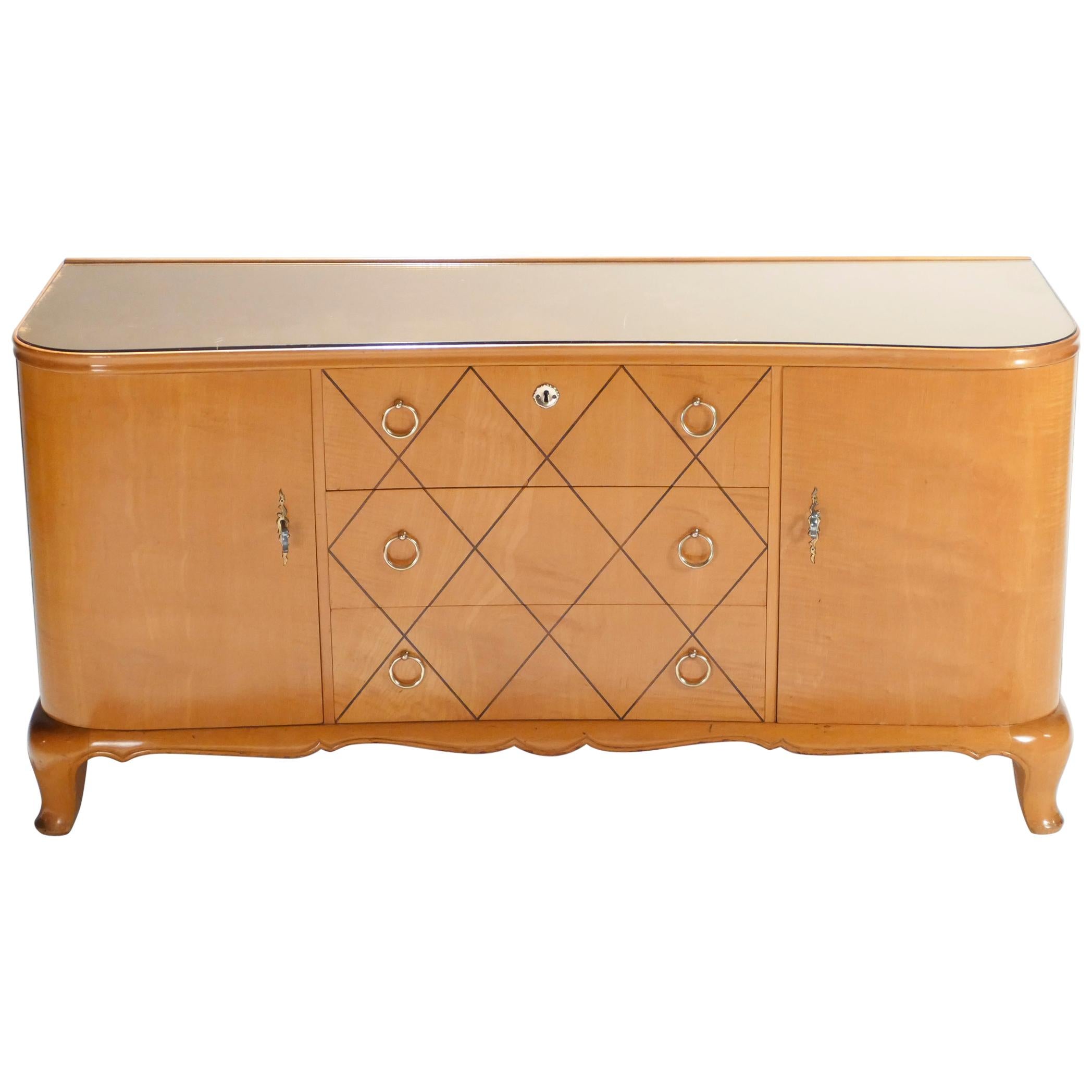 Mid-Century Modern French René Prou Sycamore Mirrored Brass Sideboard Commode, 1950s