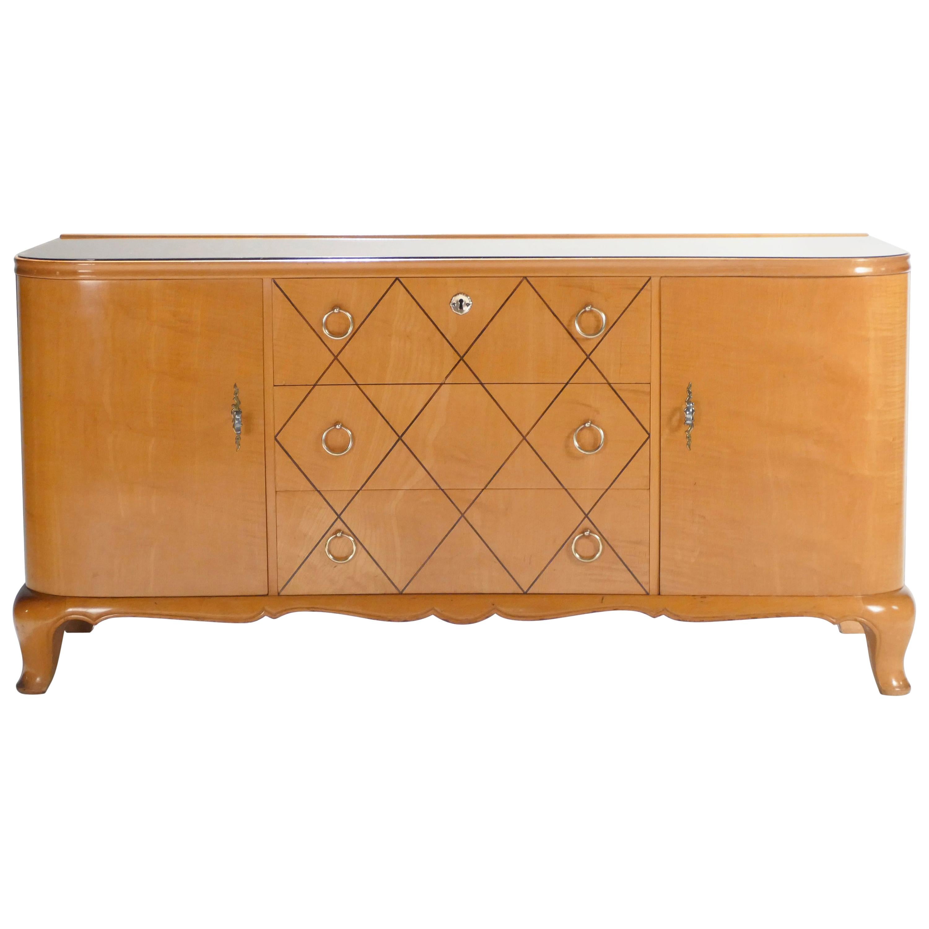 French René Prou Sycamore Mirrored Brass Sideboard Commode, 1950s In Good Condition In Paris, IDF
