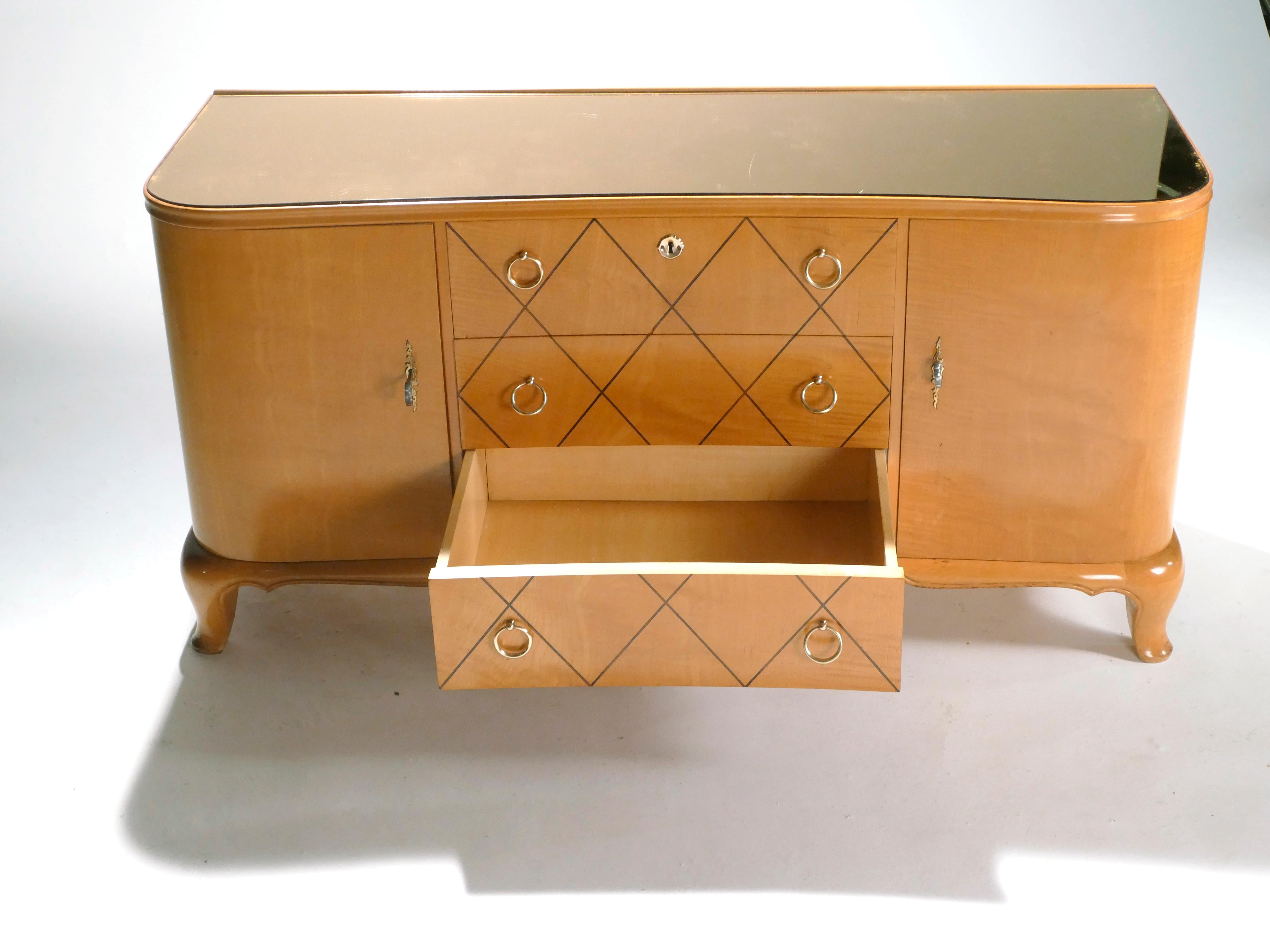 Mid-20th Century French René Prou Sycamore Mirrored Brass Sideboard Commode, 1950s