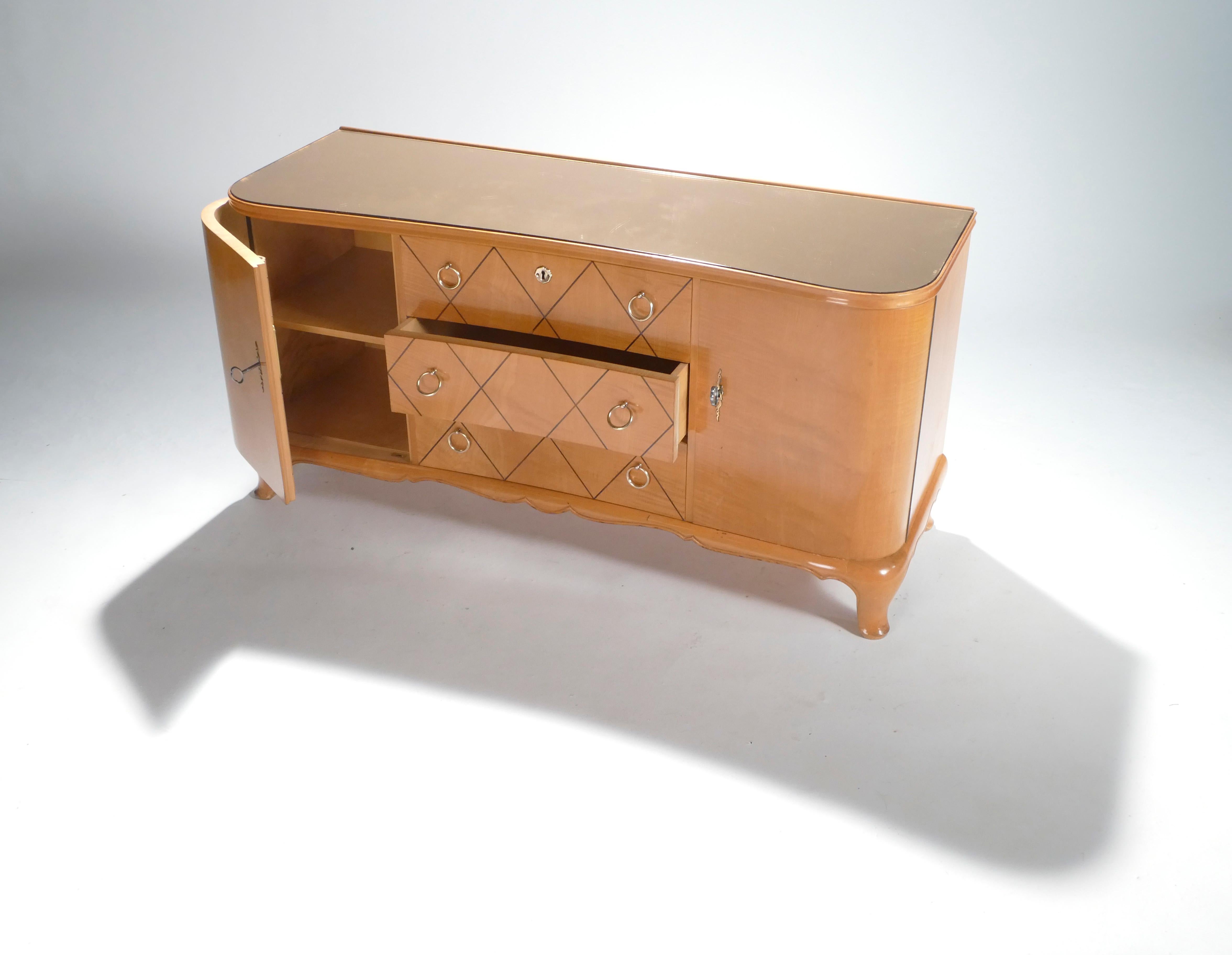 French René Prou Sycamore Mirrored Brass Sideboard Commode, 1950s 1