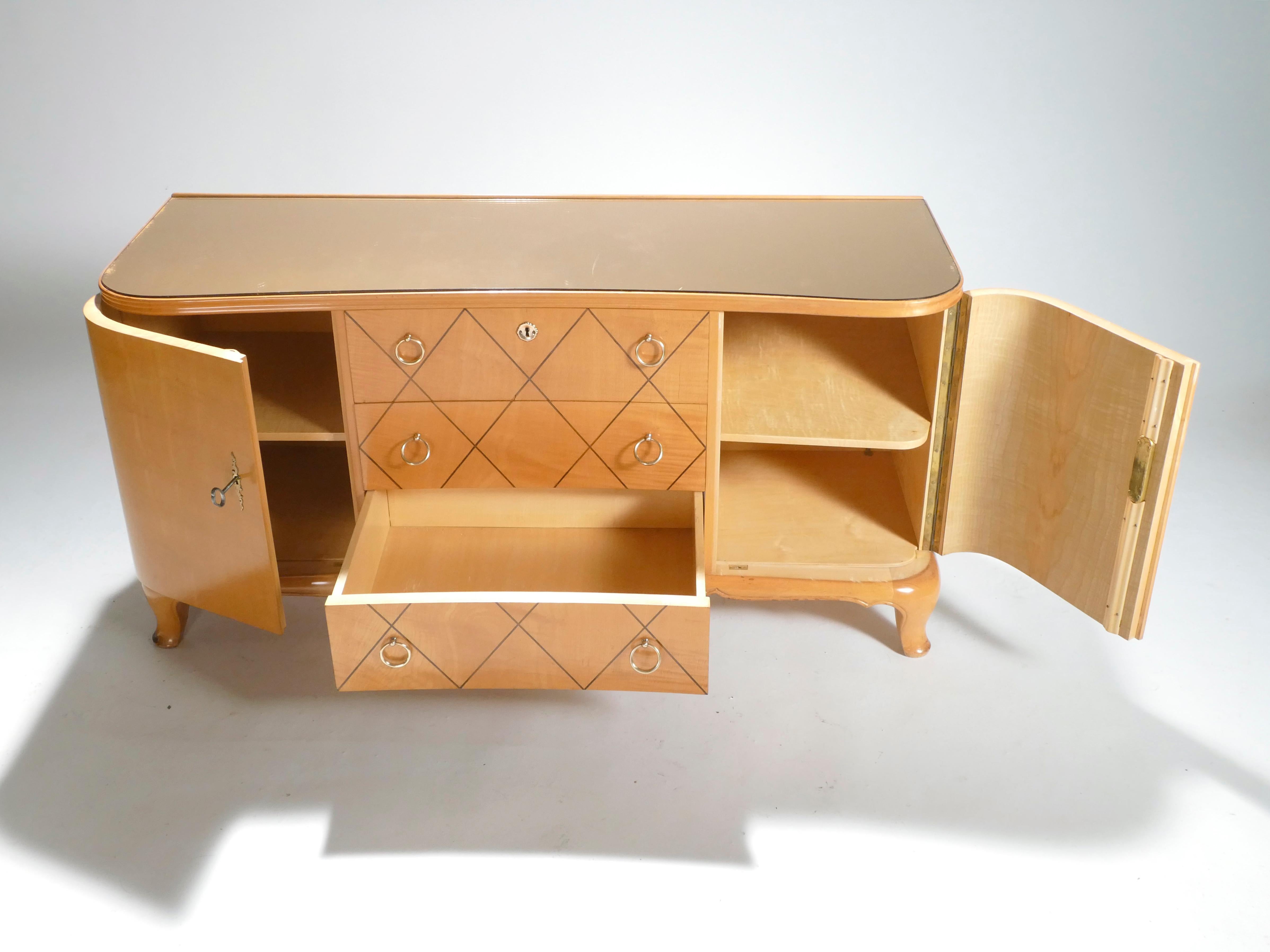 French René Prou Sycamore Mirrored Brass Sideboard Commode, 1950s 2