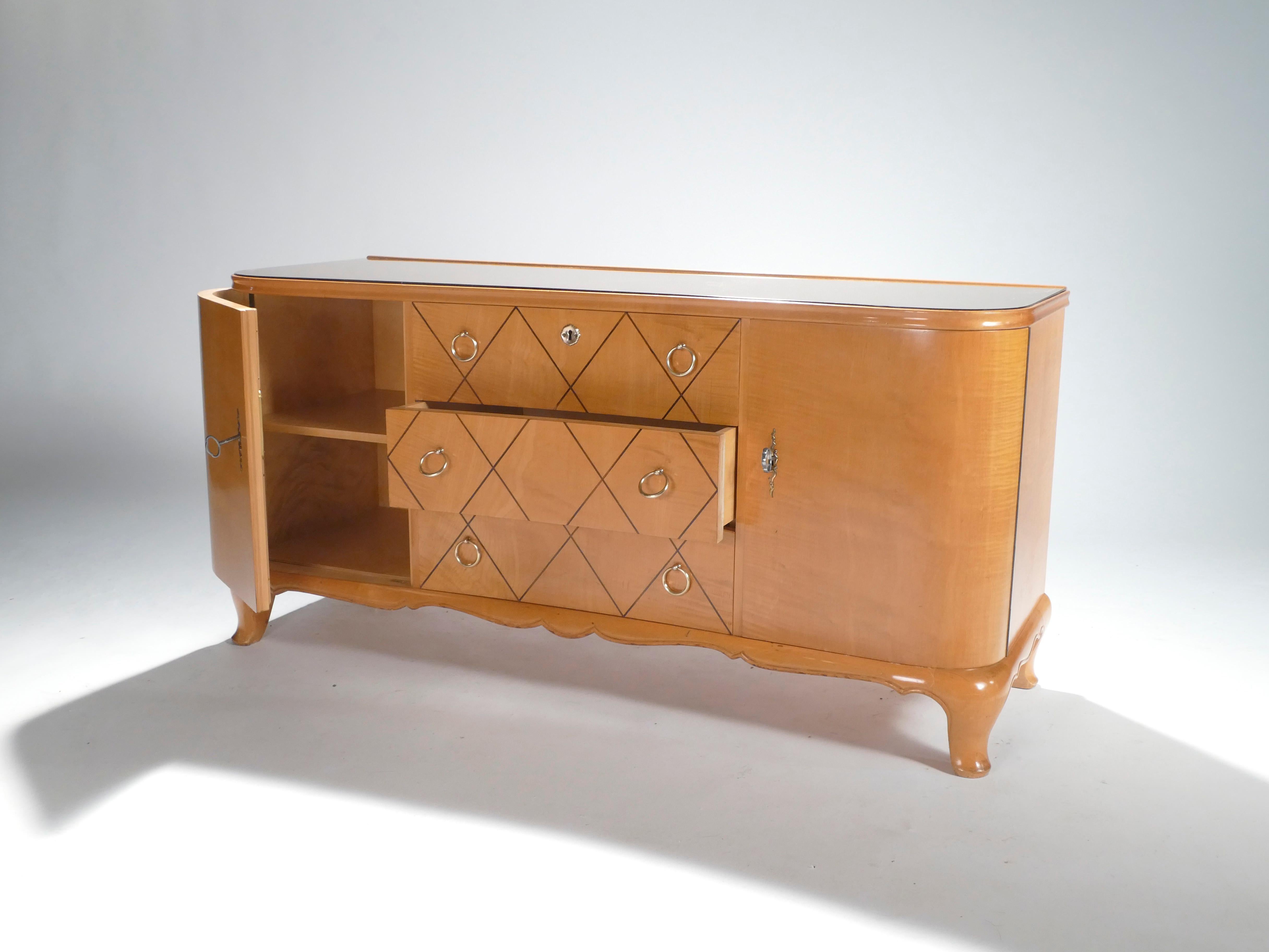 French René Prou Sycamore Mirrored Brass Sideboard Commode, 1950s 4