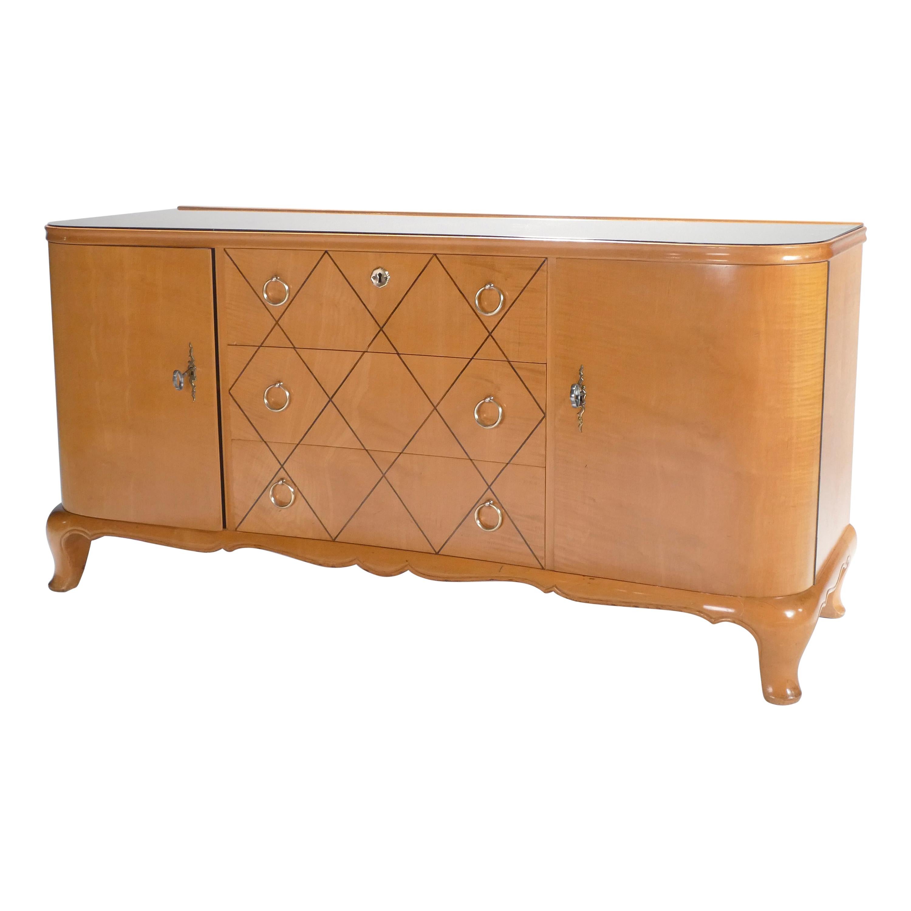 French René Prou Sycamore Mirrored Brass Sideboard Commode, 1950s
