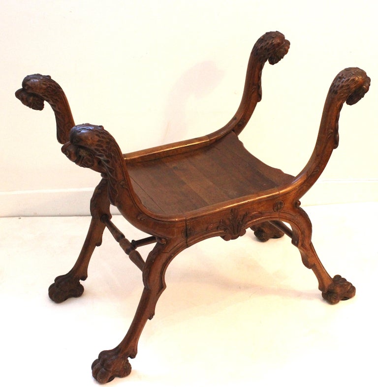 Renaissance Revival French Renaissance Style Lion-Head Curule Bench Original Seat For Sale